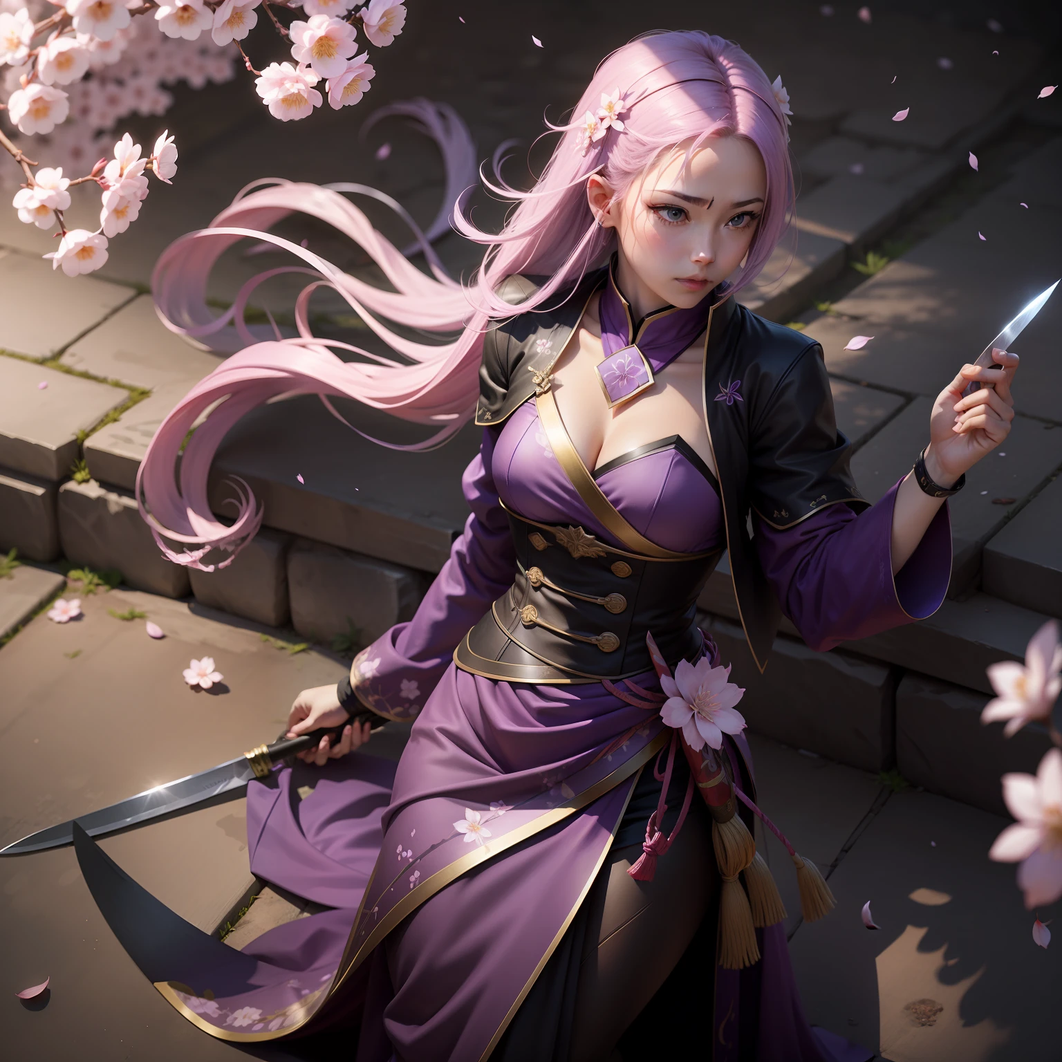 A purple sharp blade,Cold light is contemptible,straight,There are cherry blossoms on the handle,There are also cherry blossoms at the knife tail,The blade is carved with cherry blossoms,8k