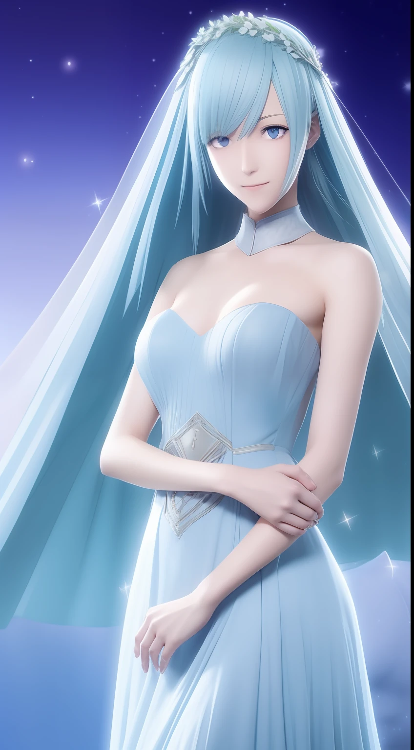 brynhildr lancer fgo,16-year old,pure,dazzling smile,laurel wreath,big white wedding dress,shyly pose,distant gaze, pretty round face,tall,very skinny,slender,light blue hair, cross-cut bangs strongly leans to the right,detailed hair