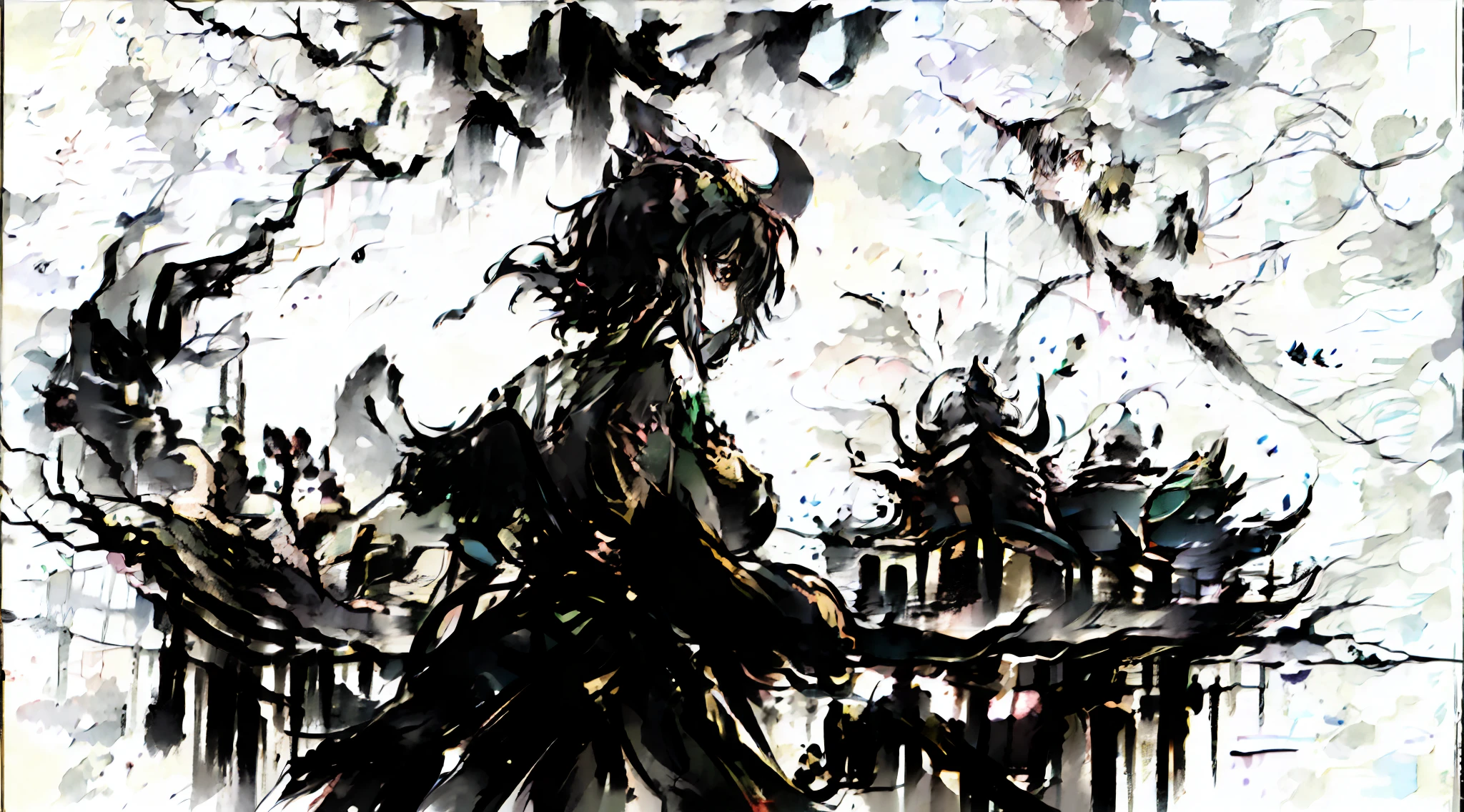 Anime style painting，A woman in a long dress，A bird in the background, dark pit, intricate ornate anime cgi style, [[fantasy]], in yoji shinkawa's art style, from touhou, inspired by Kawabata Ryūshi, anime still film anime shikishi, dark but detailed digital art, ehime
