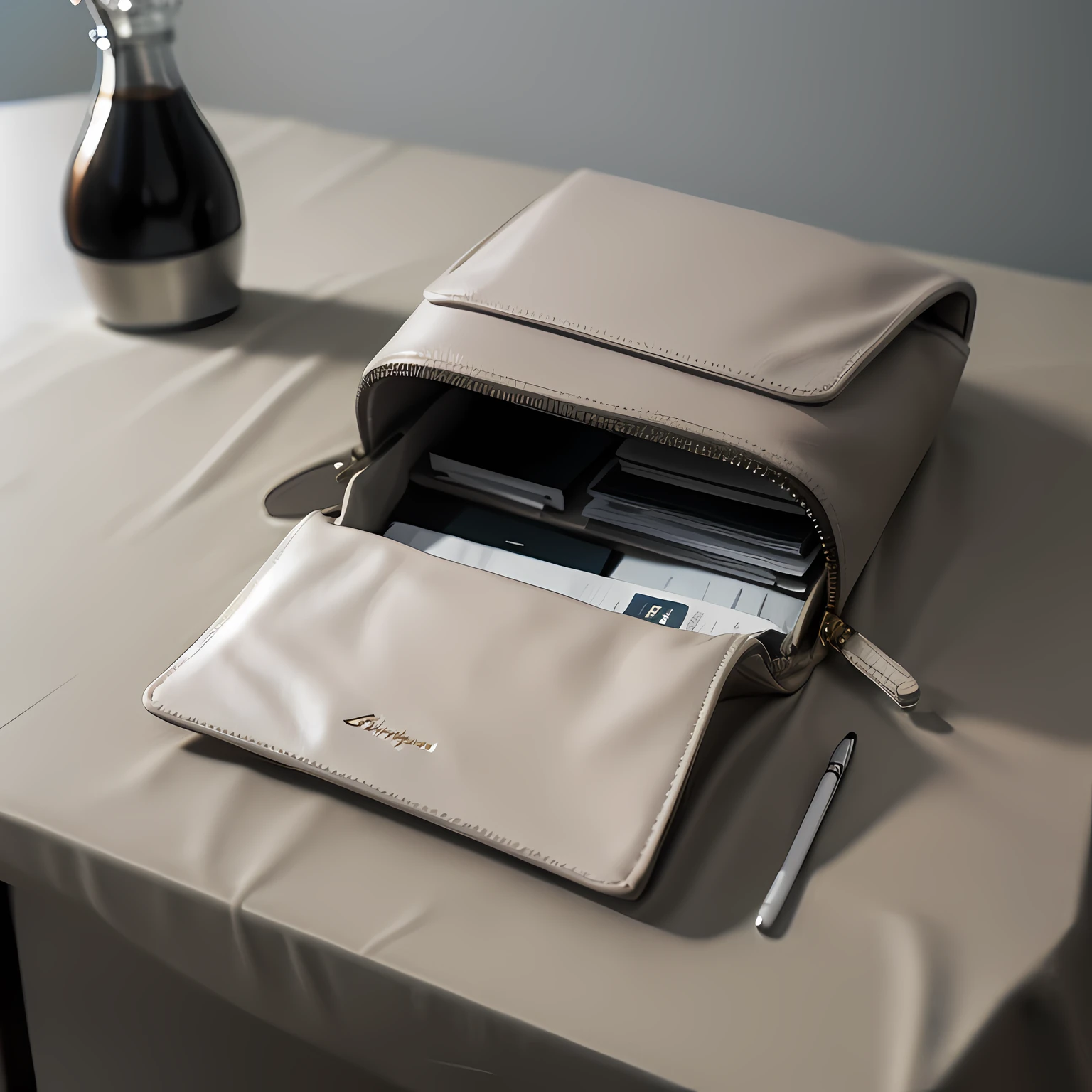 A4 folder：1.5, On a table：1.1，greybackground：1.3 and white background：1.2,Taupe, Leather Pouch, Handbag on the table,Close-up of the file package ：1.4，top angle，taken with canon 8 0 d,