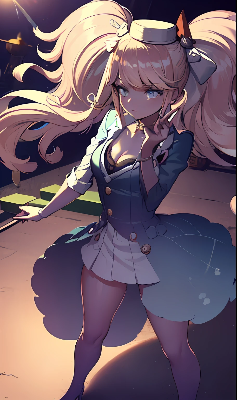 (masterpiece, best quality, ultra-detailed, highres), perfect face, sidelighting, lustrous skin, standing,
(bloom), (shine), lighting, ray tracing, sci-fi, city, street, outdoor, depth_of_field,
blue eyes , high heels, whirlwind of water, hair ornament, bangs, light blue hair, butterfly hair ornament, kamisato, kamisato ayaka \(heytea\),   hat, single hair ring,