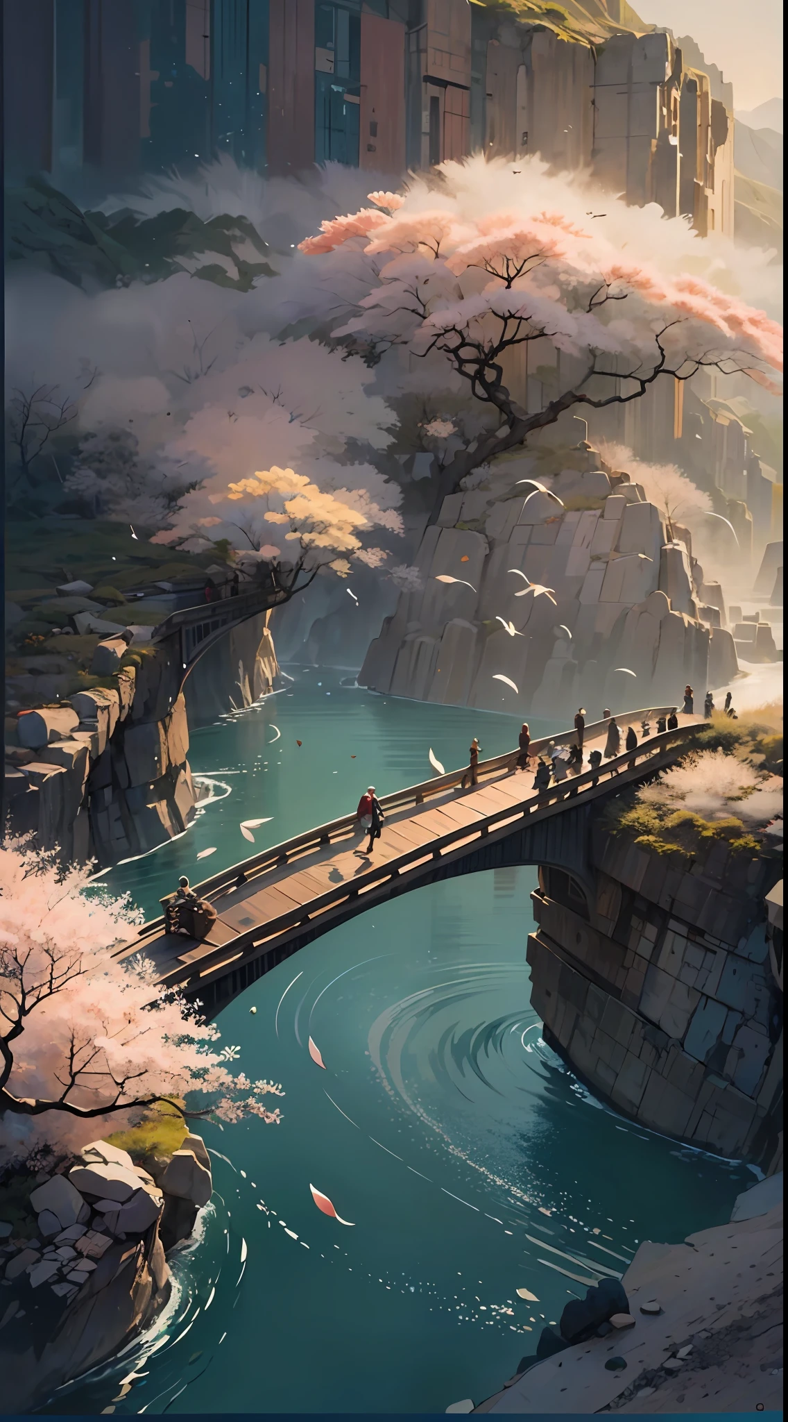 A bridge flies away through a wild mist;

Yet here are the rocks and the fisherman's boat; Oh, if only this river of floating peach-petals;

Might lead me at last to the mythical cave. masterpiece, best quality, ultra-detailed, best shadow，8k，official art