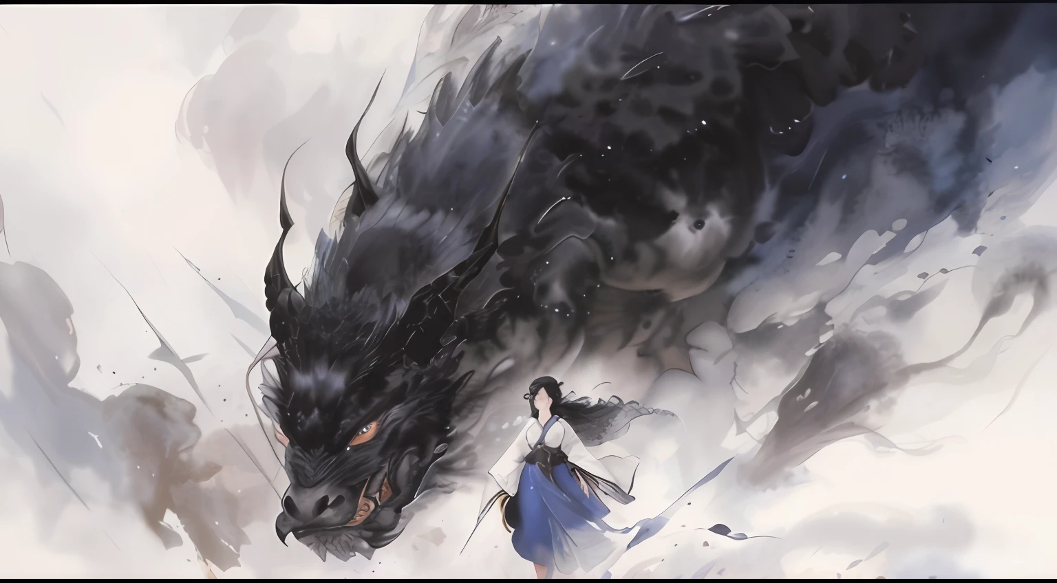Anime painting of a woman walking in front of a huge black dragon, by Yang J, traditional japanese concept art, Dragon in the background, Anime fantasy illustration, author:Trebuke, jeffrey jones, author:Tan Yang Kano, inspired by amano, Dragon girl, Anime epic artwork, Anime fantasy artwork, by amano, full-colour illustration,The black dragon is domineering and powerful