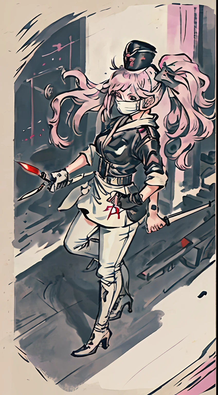 medics, pink hair, purple eyes, yae miko, females, adult, very sharp long face, hyperrealistic face, short strict hair, white, latex, full shot, formal white jacket, white pants, belt, heavy leather heels, spaceship background, military pose, hidden neck, latex gloves, nurse, latex apron, latex hood, latex mask, latex sleeves, latex cowl, medical, hair hidden, hood on head, black latex, white latex, medical apron, long apron, medic hat, hijab, zipped, tight, formal, mouth hidden, medical uniform, uniform, tight uniform, shy, latex hijab, hidden face, hidden mouth, black hijab, balaclava, eyes only, standing, face covered, mouth covered, head covered, surgical mask, heavy mask, large apron,