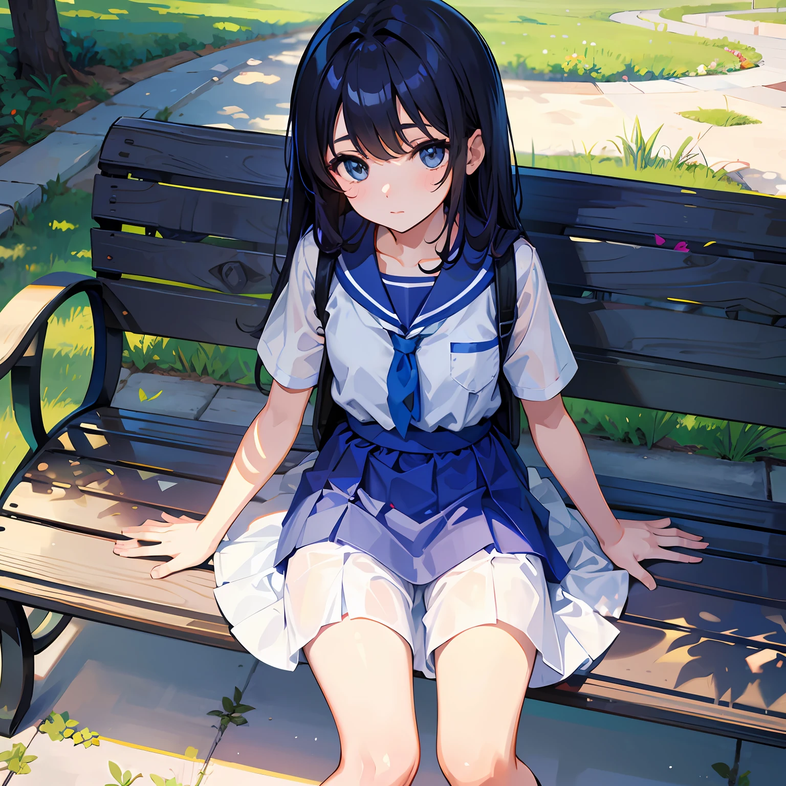 s girl elementary student 10age summer clothing Blue Dress Sitting on a bench Spread your legs apart White pants Tri-fold socks