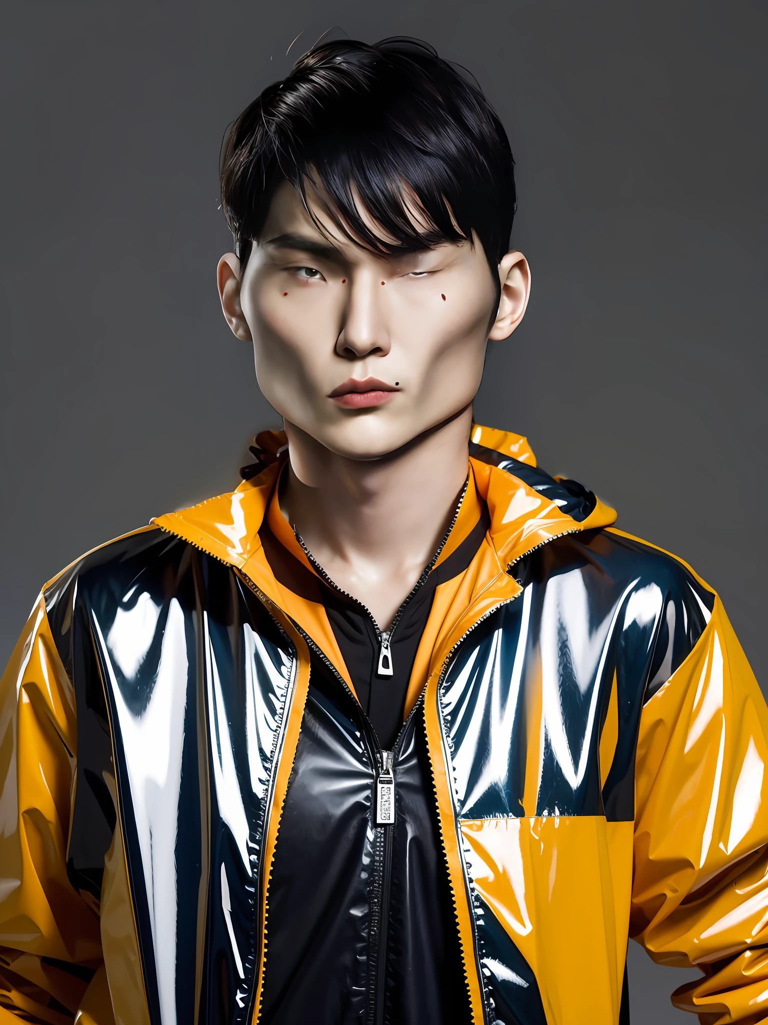 A Chinese male high school student，Wear a sports raincoat in PVC，There are zippers