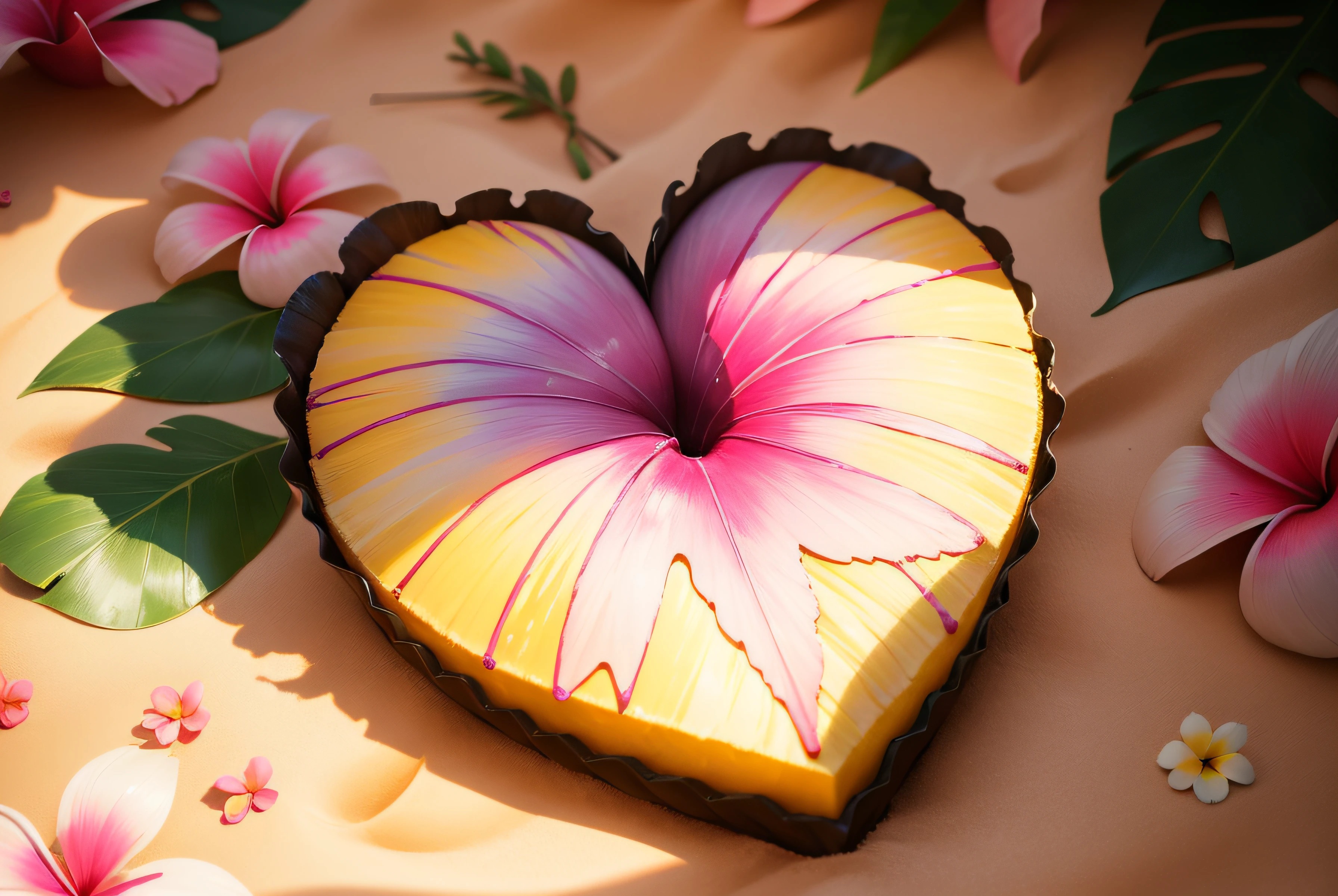 Close-up of a heart made of flowers on the beach, heart made of flowers, Plumeria, tropical flowers, beautiful tropical flowers, blooming tropical flowers, made of flowers and leaves, made of flowers and fruit, made of flowers, Flower petals, with colored flowers, pink yellow flowers, tropical style, made of fruit and flowers, beautiful aesthetic, Beautiful composition，super high-quality model，dripping paint，oil painted，Abstract beauty，Heavy strokes
