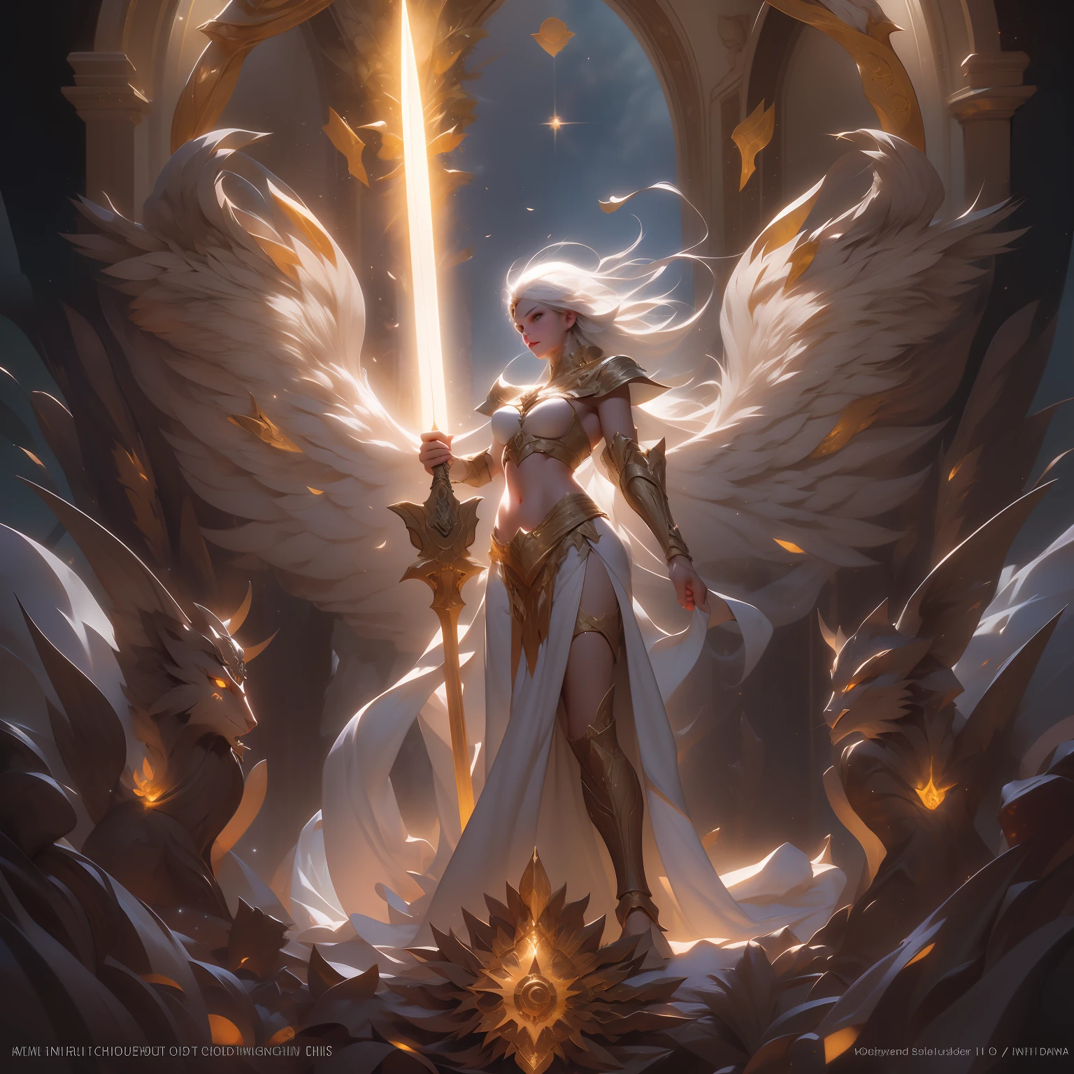 "Lux Falcis," also known as "The Sword of Radiance," a magnificent weapon infused with radiant energy, standing as a beacon of hope and strength against the encroaching darkness. "Lux Falcis" is a sight to behold, with its blade gleaming like the sun, emitting a celestial radiance that banishes the shadows.
The sword's hilt is adorned with intricate engravings that seem to dance with ethereal light, a testament to its divine origin. As it is brandished, "Lux Falcis" emits a brilliant glow, illuminating the surroundings with its potent radiant energy.
With every swing, "Lux Falcis" cuts through the very movements of darkness, dispelling the malevolent shadows that dare to challenge its might. The sword becomes an extension of its wielder's will, a manifestation of their dedication to uphold the light.
Offensive and defensive maneuvers flow seamlessly as "Lux Falcis" effortlessly transitions between attacking and protecting. In the hands of a skilled wielder, the sword becomes a paragon of martial prowess, capable of both defending against and vanquishing the dark forces that threaten its realm.
The atmosphere surrounding "Lux Falcis" is one of both awe and determination, as the sword stands as a guardian of light and a symbol of hope against the darkness. The scene is set within a sacred and celestial realm, where the heavens themselves seem to acknowledge the power and significance of "The Sword of Radiance."
The realization of this magnificent and powerful scene is a true masterpiece of digital artistry, meticulously crafted to capture the essence of "Lux Falcis'" celestial grandeur and potency. The interplay of light and shadow accentuates the radiant energy that infuses the sword, while intricate details bring to life the divine engravings and celestial glow that adorn it. The color palette is thoughtfully chosen to evoke a sense of celestial brilliance and divine power, adding to the awe and splendor of the portrayal. The aspect ratio is set at 3:2 to ensu
