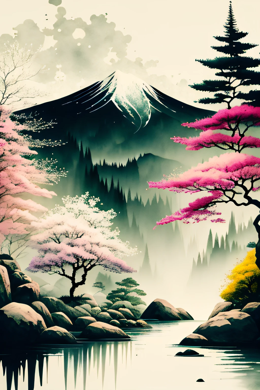 white backgrounid, scenecy, aquarelle, mont, Eau, the trees, starrysky, colorful,Minimalist