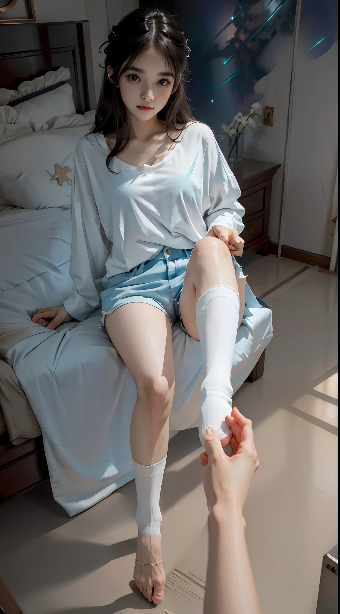 Starry background, A girl sits in a shirt and shorts(One leg extended(pov),Close-up of feet,Girl's graceful feet stretched((pov),Held by one hand(prop up)make move), hd,high textured,8K