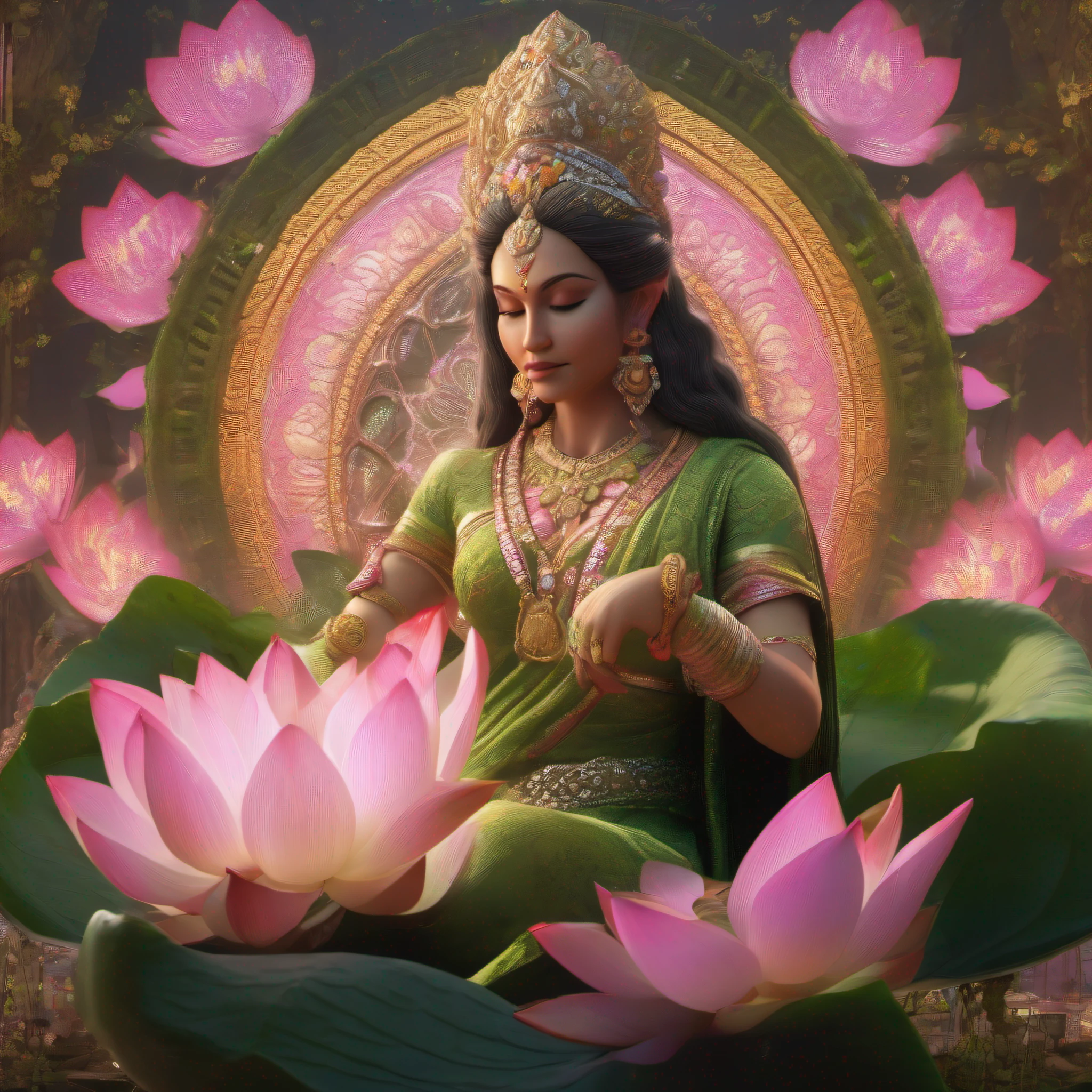 Draw a green-skinned woman sitting on a lotus，Pink lotus，There is a halo on the top of the head,((Best quality)), ((Masterpiece)), (High definition:1.3), 3D, Beautiful , hdr (HighDynamicRange), Ray tracing, NVIDIA RTX, Super resolution, Unreal 5, Subsurface scattering, PBR Texture, Post-processing, Anisotropic filtering, Depth of field, Maximum clarity and sharpness, Multi-layer textures, Albedo and specular maps, Surface coloring, Accurate simulation of light-material interactions, Perfect proportions, Octane rendering, Two-tone lighting, Low ISO, White balance, Rule of thirds, Wide aperture, 8K raw data, High-Efficiency Sub-Pixel, Subpixel convolution, Luminous Particle, goddess of love and peace, Lotus, indian goddess of wealth, standing gracefully upon a lotus, sitting on a lotus flower, hindu god, Divine goddess, Beautiful goddess, the non-binary deity of spring, Goddess. Extremely high detail, goddess of love, flower goddess，tmasterpiece，