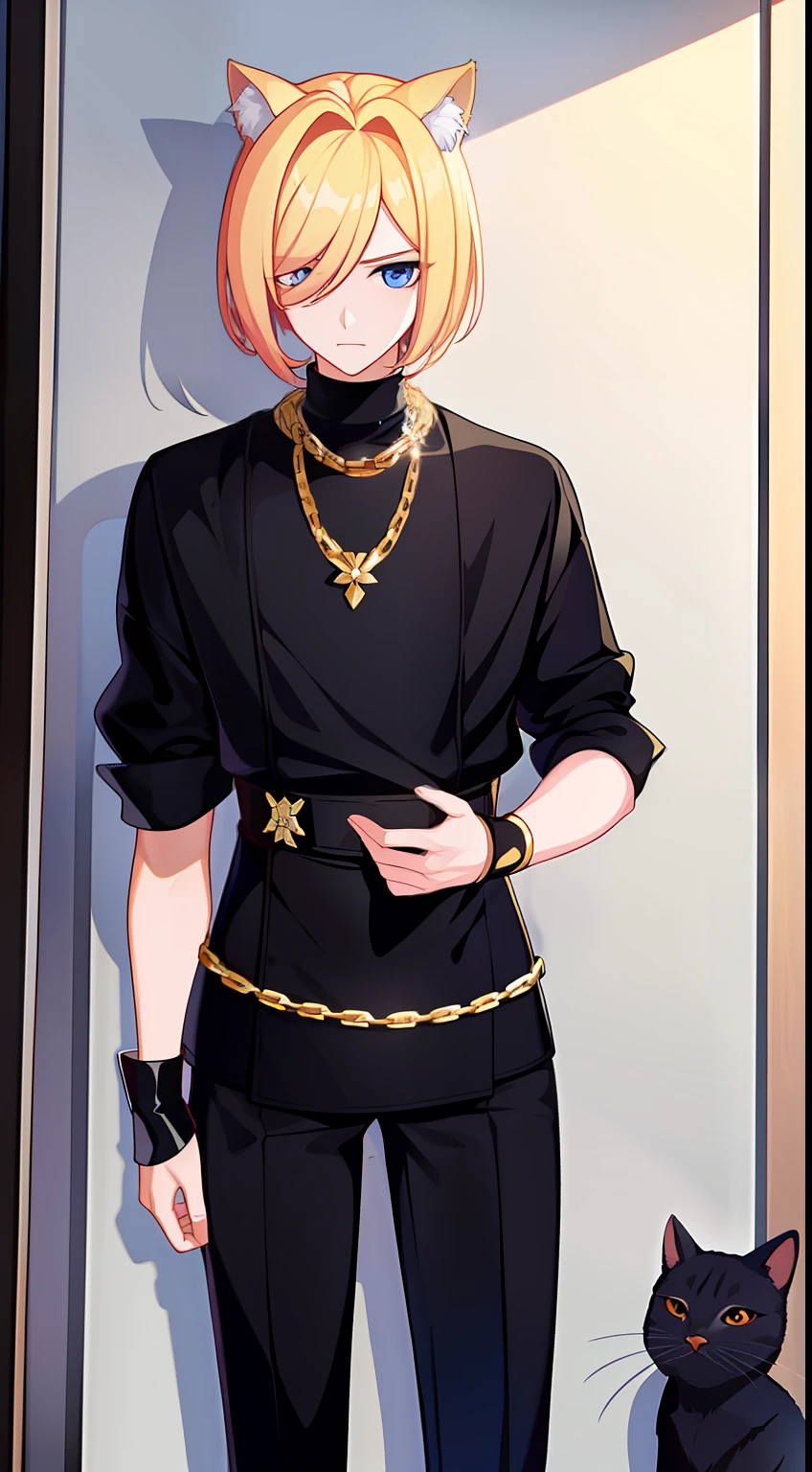 young boy, blonde hair, Bob hairstyle, blue eyes, black skintight clothes, Gold Chains, Cat's ears, Masterpiece, hiquality