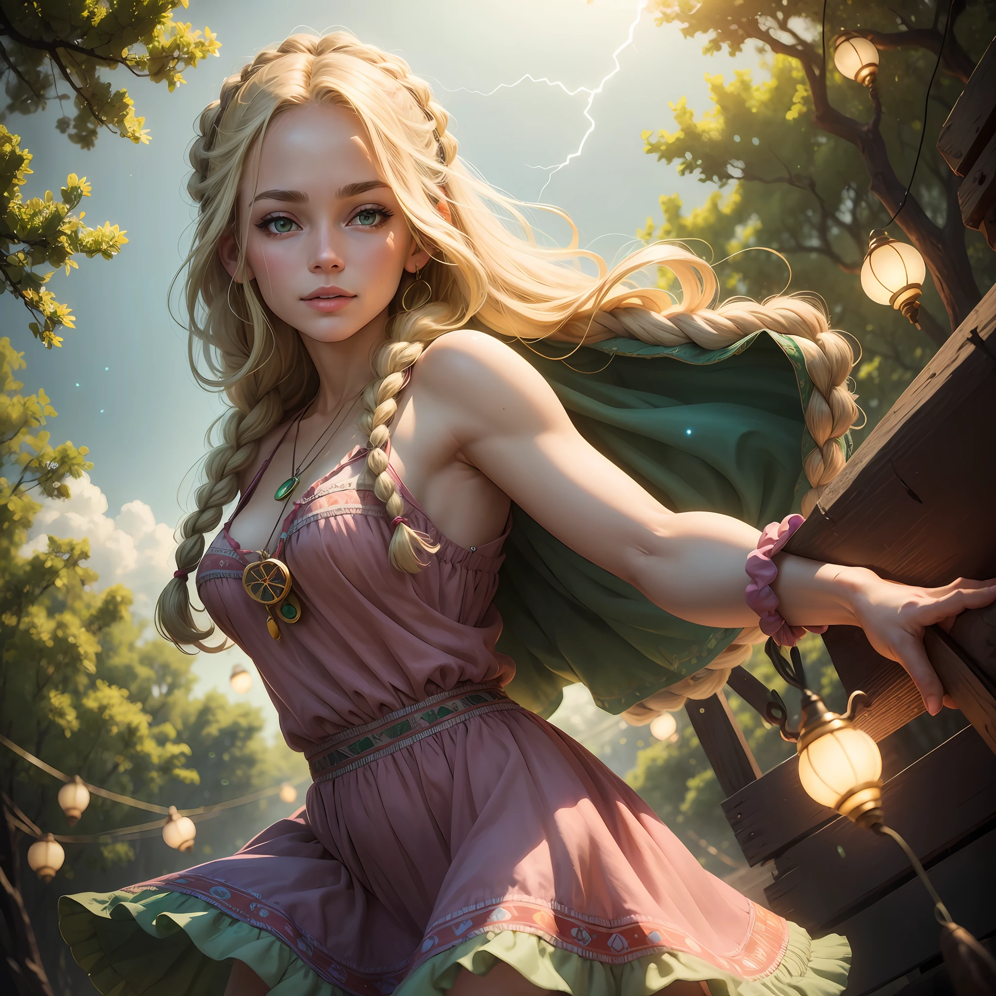 best quality, masterpiece, upper body,
(adult:1.6) hippie woman, (smirk:0.4),
braided blonde hair,
emerald eyes,
Hippie sundress,
Lightning bugs flying all around, centered,