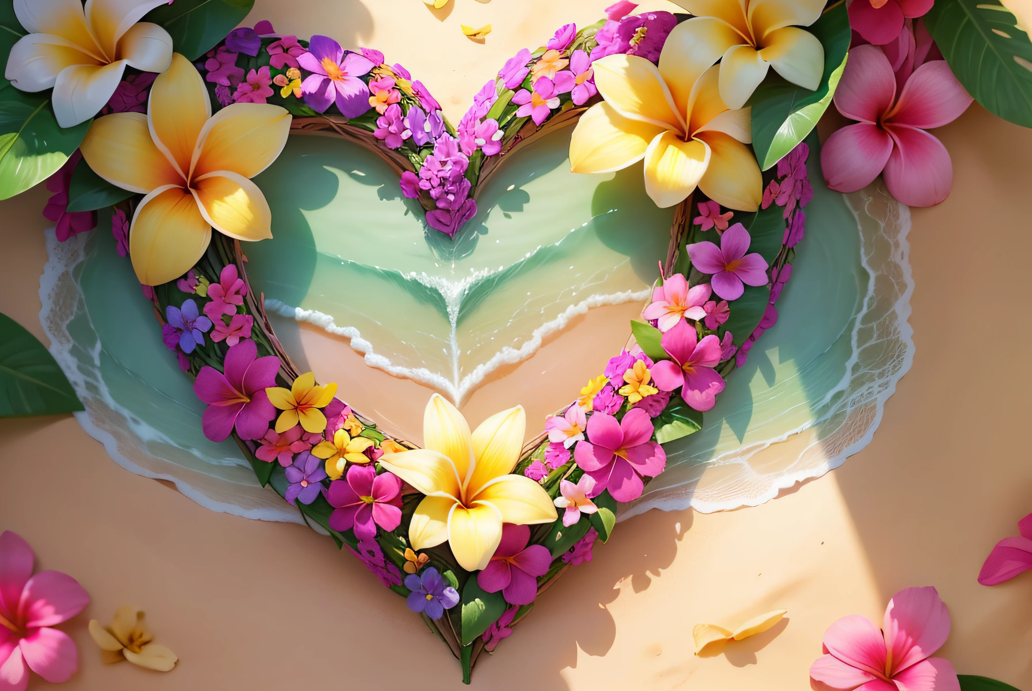 Close-up of a heart made of flowers on the beach, heart made of flowers, Plumeria, tropical flowers, beautiful tropical flowers, blooming tropical flowers, made of flowers and leaves, made of flowers and fruit, made of flowers, Flower petals, with colored flowers, pink yellow flowers, tropical style, made of fruit and flowers, beautiful aesthetic, Beautiful composition