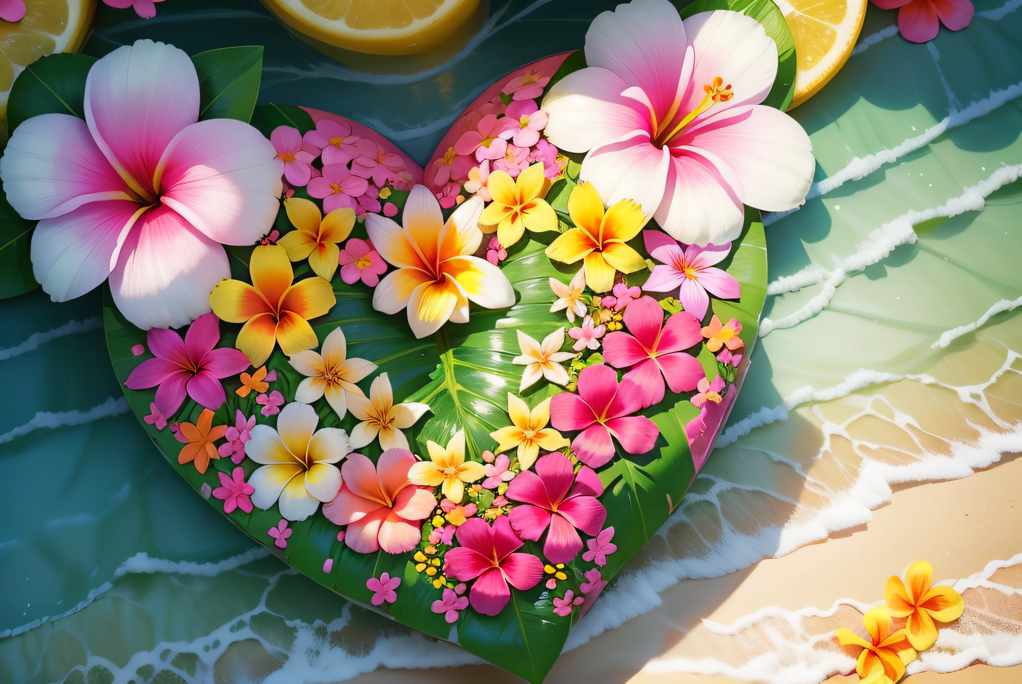 Close-up of a heart made of flowers on the beach, heart made of flowers, Plumeria, tropical flowers, beautiful tropical flowers, blooming tropical flowers, made of flowers and leaves, made of flowers and fruit, made of flowers, Flower petals, with colored flowers, pink yellow flowers, tropical style, made of fruit and flowers, beautiful aesthetic, Beautiful composition