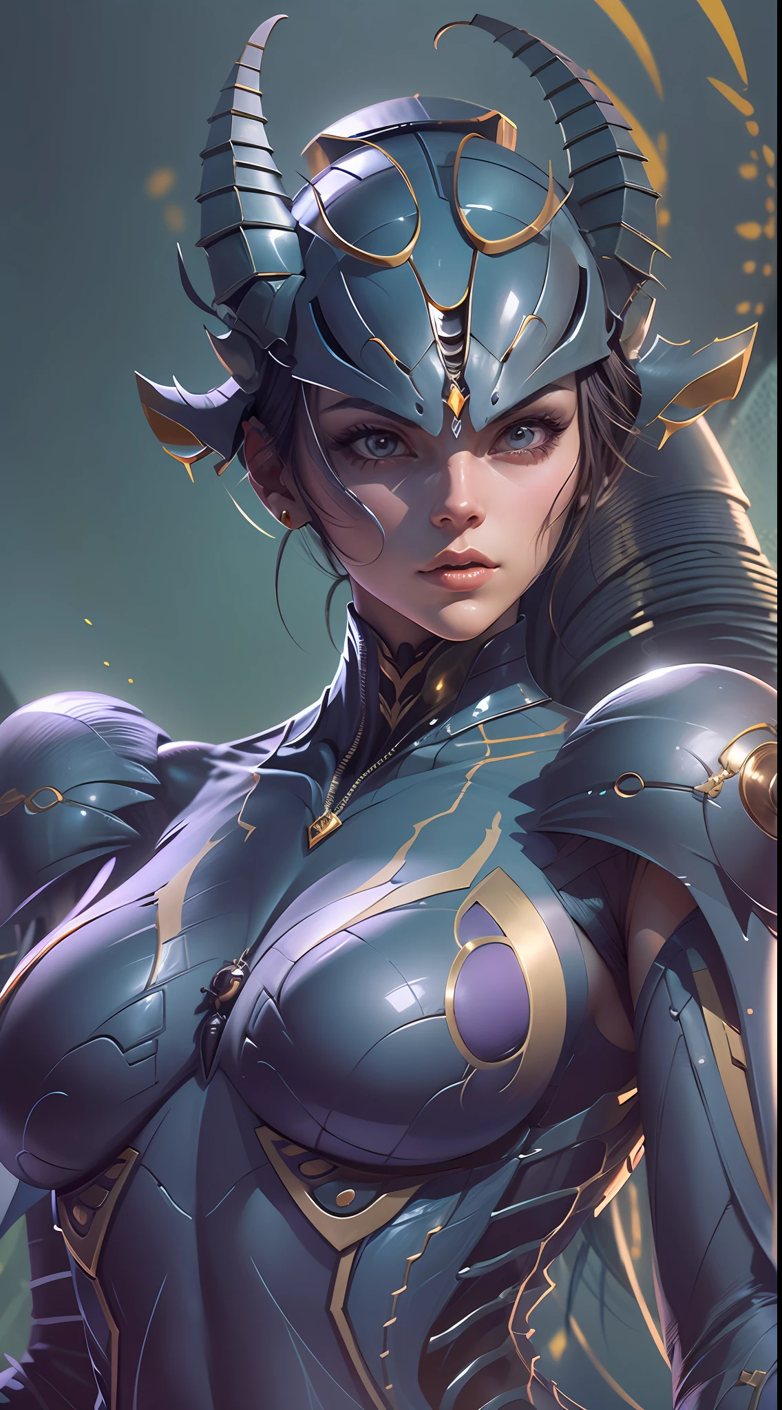 Cartoon photo of a woman in a purple costume、Hot insect humanoid female、a person々takeout、Guyver Style、SFW version、Scarabeleploid、tail、Cel Shade Adult Animation、Alien Queen、