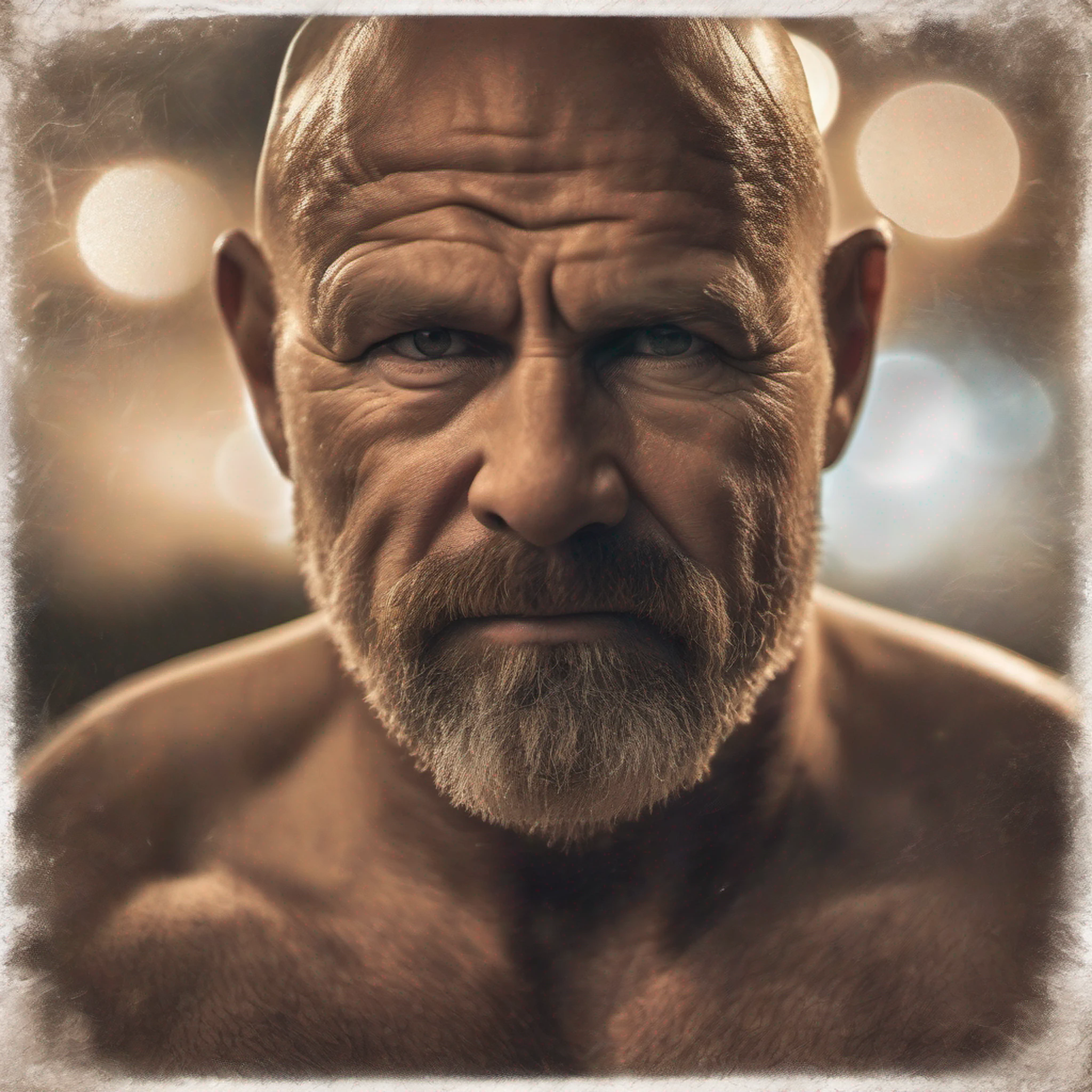 award winning full body portrait photo of ( An attractive mid-age bald Strong, muscular, hairy big belly, shirtless, ), eyes looking upwards, (bokeh:0.7), sidelit, (wrinkled face in detail:0.7), telephoto, moonlit, torchlit, gritty atmosphere, oceanic night exterior, realistic, intricate details, true aged skin texture