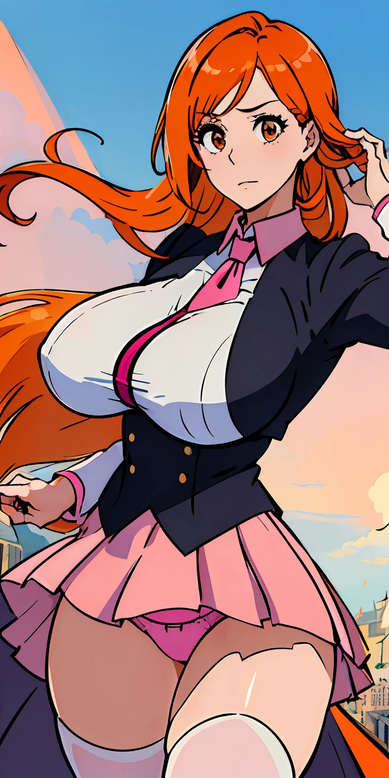(((top-quality、masterpiece)))、1girl in、A stunning、(a miniskirt)、((Orange hair))、(((Longhaire)))、barechested、A sexy、(((Sheer uniform)))、student clothes、(((Colossal tits)))、large full breasts、Sheer areol、((Pink underwear is visible))、Show underwear、neck tie、I can see my chest a little