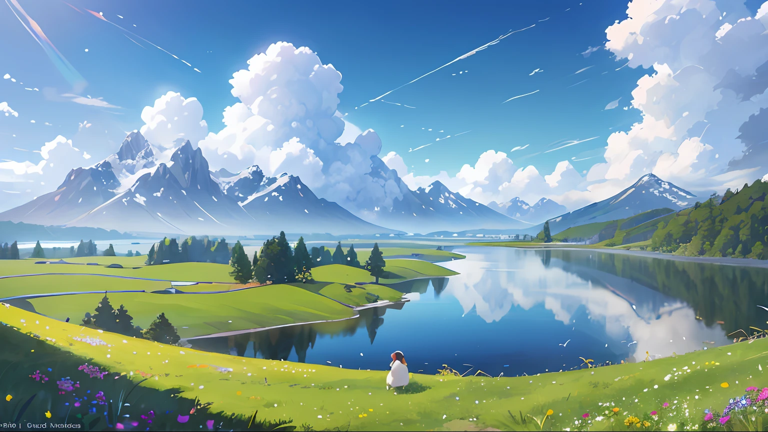 Summer, meadows, few small flowers, clear lakes, sheep, heaven, large clouds, blue sky, hot weather, HD detail, wet watermark, hyper-detail, cinematic, surrealism, soft light, deep field focus bokeh, distant view is snowy mountains, ray tracing, and surrealism. --v6