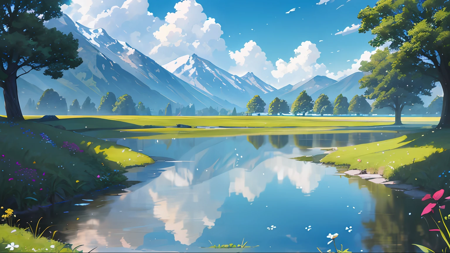 Summer, meadows, few small flowers, clear lakes, sheep, heaven, large clouds, blue sky, hot weather, HD detail, wet watermark, hyper-detail, cinematic, surrealism, soft light, deep field focus bokeh, distant view is snowy mountains, ray tracing, and surrealism. --v6