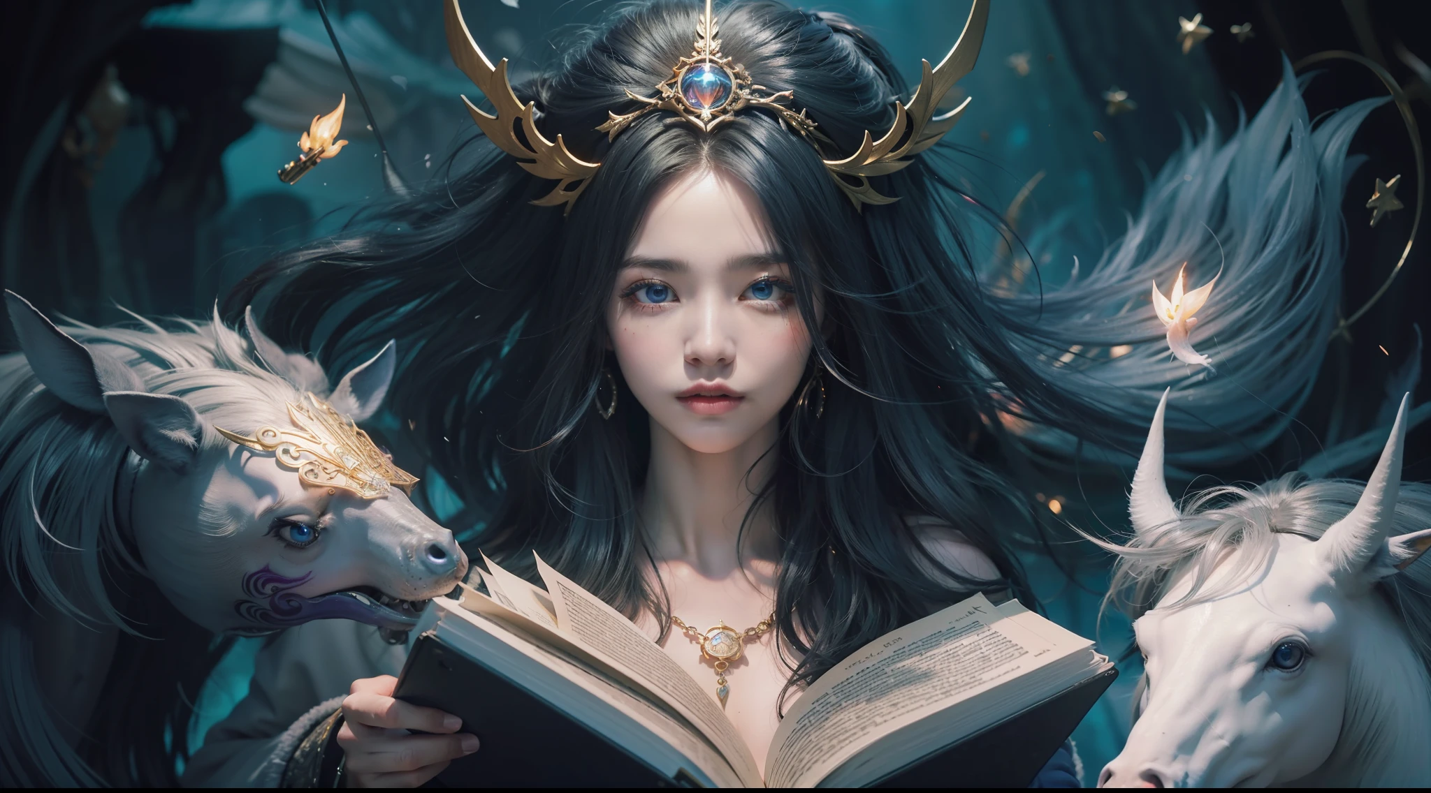 Magic Book,Blood,Night, Dark, (Fantasy),infinite,deep blue sky,The abyss of knowledge,Cowledge,((masutepiece)), (((Best Quality))),((Beautiful fine eyes)),(Eye lashes)、Very beautiful face、Beautiful girl riding white unicorn、(女の子1人)、Black hair、The long-haired、abyss eyes、glowy skin、oils、small tits、Perfect human body structure、Wizard robes、tattered cloth、Realistic coat、Teenchi、Super delicate CG Unity 32k wallpaper、​masterpiece, ((ultra-detailliert)), ((illustratio)),colourfull,wall-paper,The energy,Unknown terror,Incomprehensible,Around the magic,Magical surroundings,magic wands,Boken,Flying pages,Know everything,Predict the future、Get to know the past、Infinite wisdom、blue flames、Warlock、magic circles、Pentagram、Spells、mantra、Singing magic