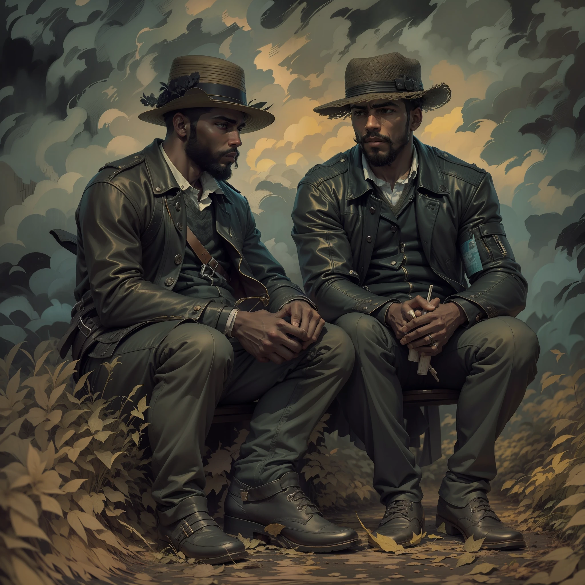 Corte lino altamente detalhado, [Dois homens negros velhos sentados de frente um para o outro fumando cachimbo], cores naturais, No estilo de Stanley Donwood e Vincent van Gogh, cena impressionante, perfect composition, trending on ArtStation