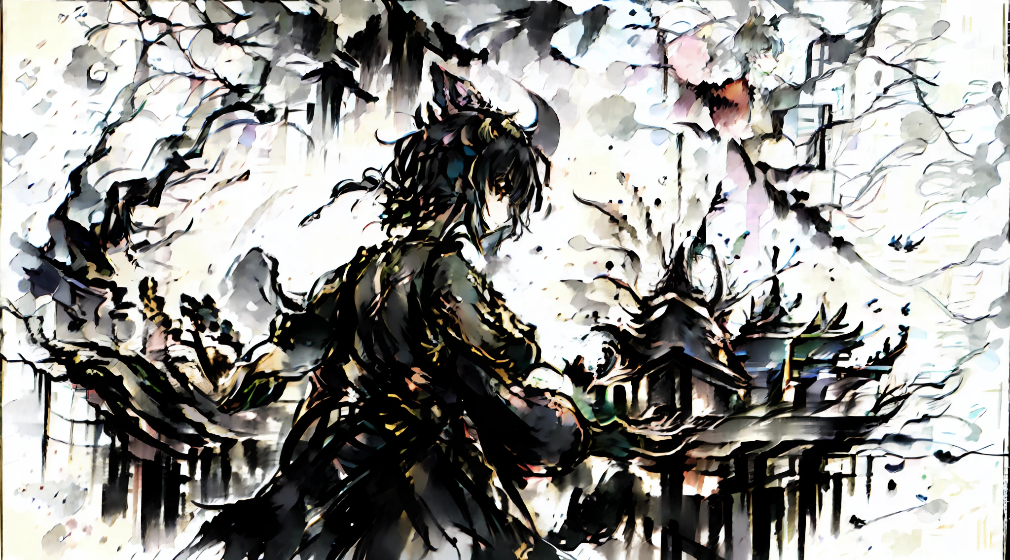 Anime style painting，Antique man，A bird in the background, dark pit, intricate ornate anime cgi style, [[fantasy]], in yoji shinkawa's art style, from touhou, inspired by Kawabata Ryūshi, anime still film anime shikishi, dark but detailed digital art, ehime