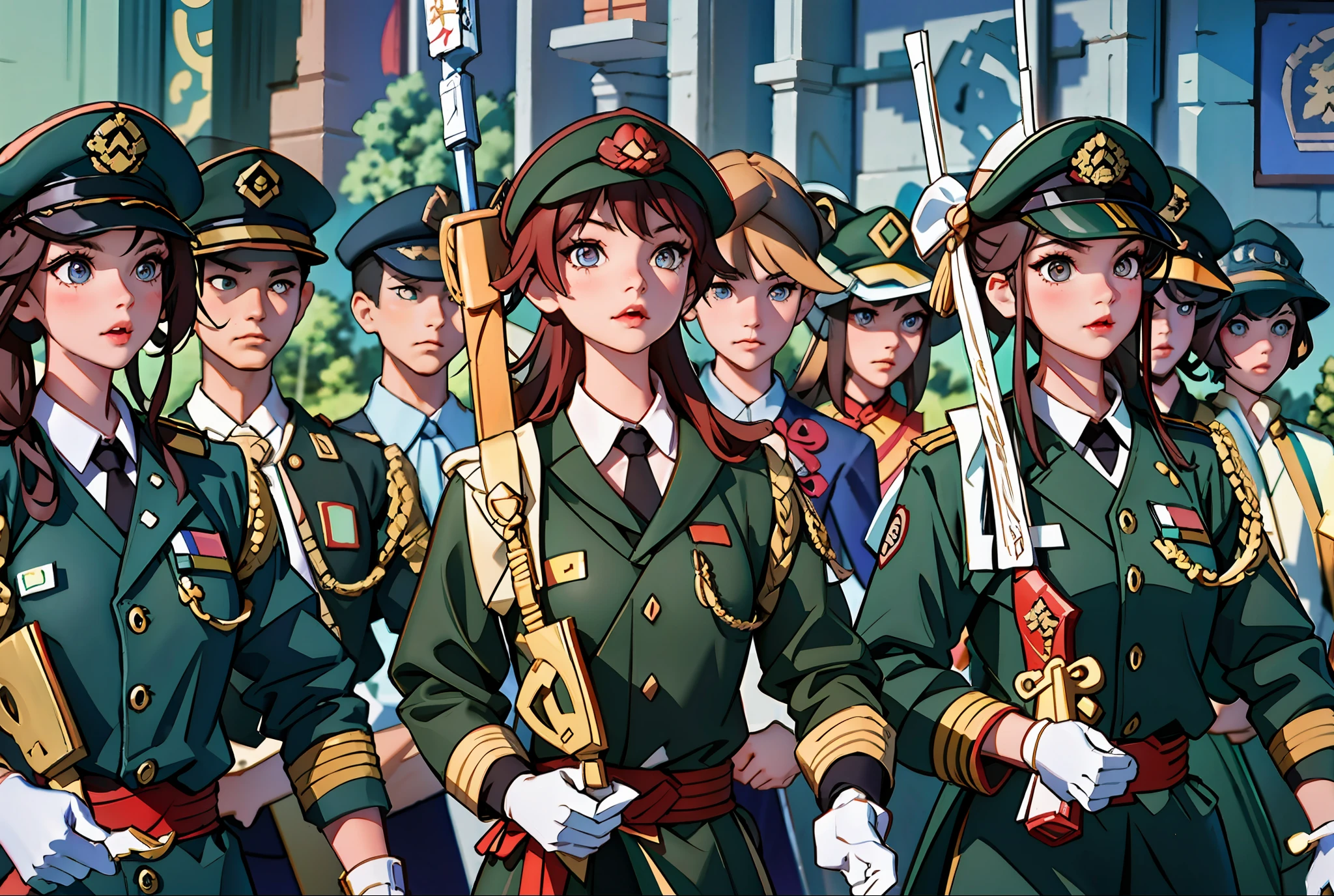 Uniformed soldiers lined up with rifles, Military parade, army parade glorious march, beijing, Chinese, shaxi, perfect military composure, several soldiers, Soldiers, 💣 💥💣 💥, in a soldier uniform, 💣 💥, stunning visuals, Chinese armor, Tiananmen square, hou china, army suit, in a soldier uniform