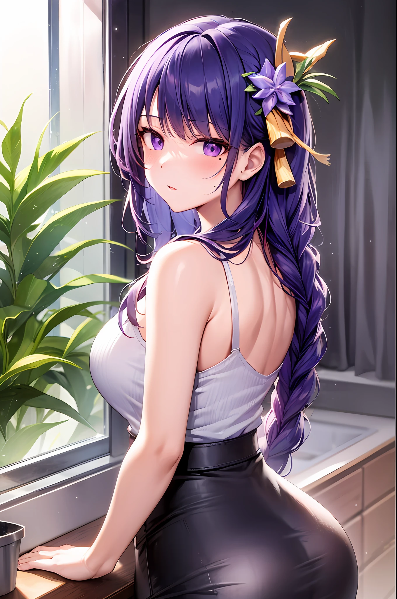 masterpiece, ultra-detailed hair, better lights, better shadows, shogun raiden,1girl, raiden shogun, breasts, skirt, purple hair, solo, long hair, large breasts, purple eyes, braid, ass, looking at viewer, braided ponytail, hair ornament, sleeveless, hair flower, black skirt, shirt, indoors, flower, looking back, bangs, bare shoulders, pencil skirt, from behind, window, thighs, mole under eye, sleeveless shirt, mole, white shirt, blush, bare arms, office lady, very long hair, plant, contemporary, parted lips, miniskirt, single braid, closed mouth, purple flower, pantylines, ribbed shirt,