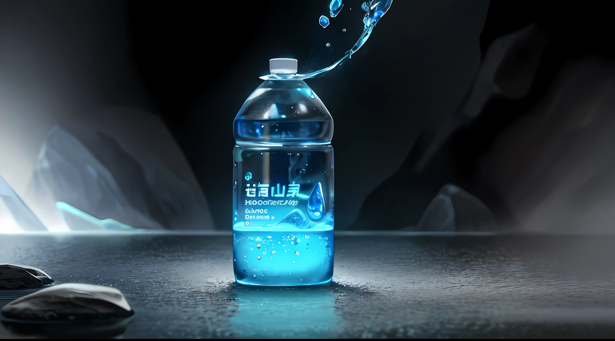 Close-up of a bottle of water on a rock face, ultra detailed water, commercial product photography, Product photography, dramatic product photography, high quality product photo, water, realistic water, water in background, Made of water, Official product photo, Product photography 4 K, glowing water, high quality topical render, photoshop water art, high qualityProduct photography