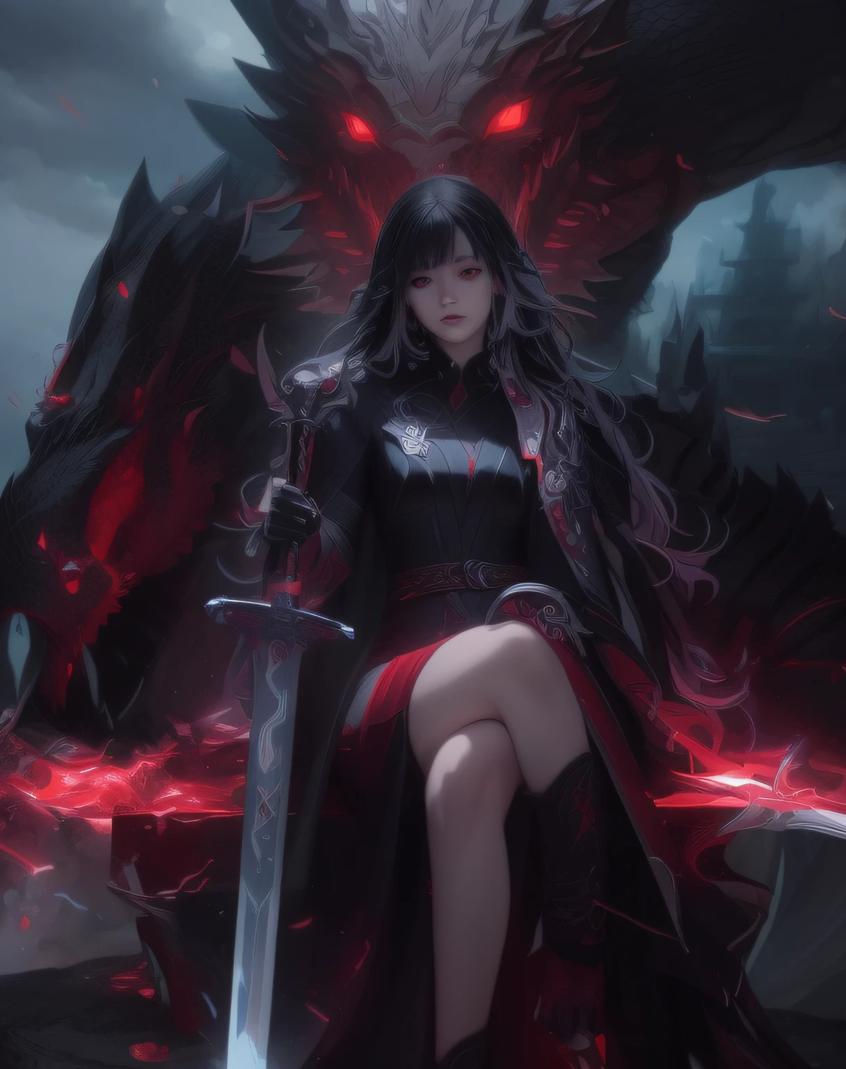 Anime, Female, fantasy, art, black, White, Red, Dragon, sword, sword, sword, sword, sword, sword, sword, sword,, by Yang J, dark fantasy style art, Epic fantasy art style, 2. 5 D CGI anime fantasy artwork, Fantasy art style, Fanart Meilleure ArtStation, Epic fantasy art style HD, 4K fantasy art