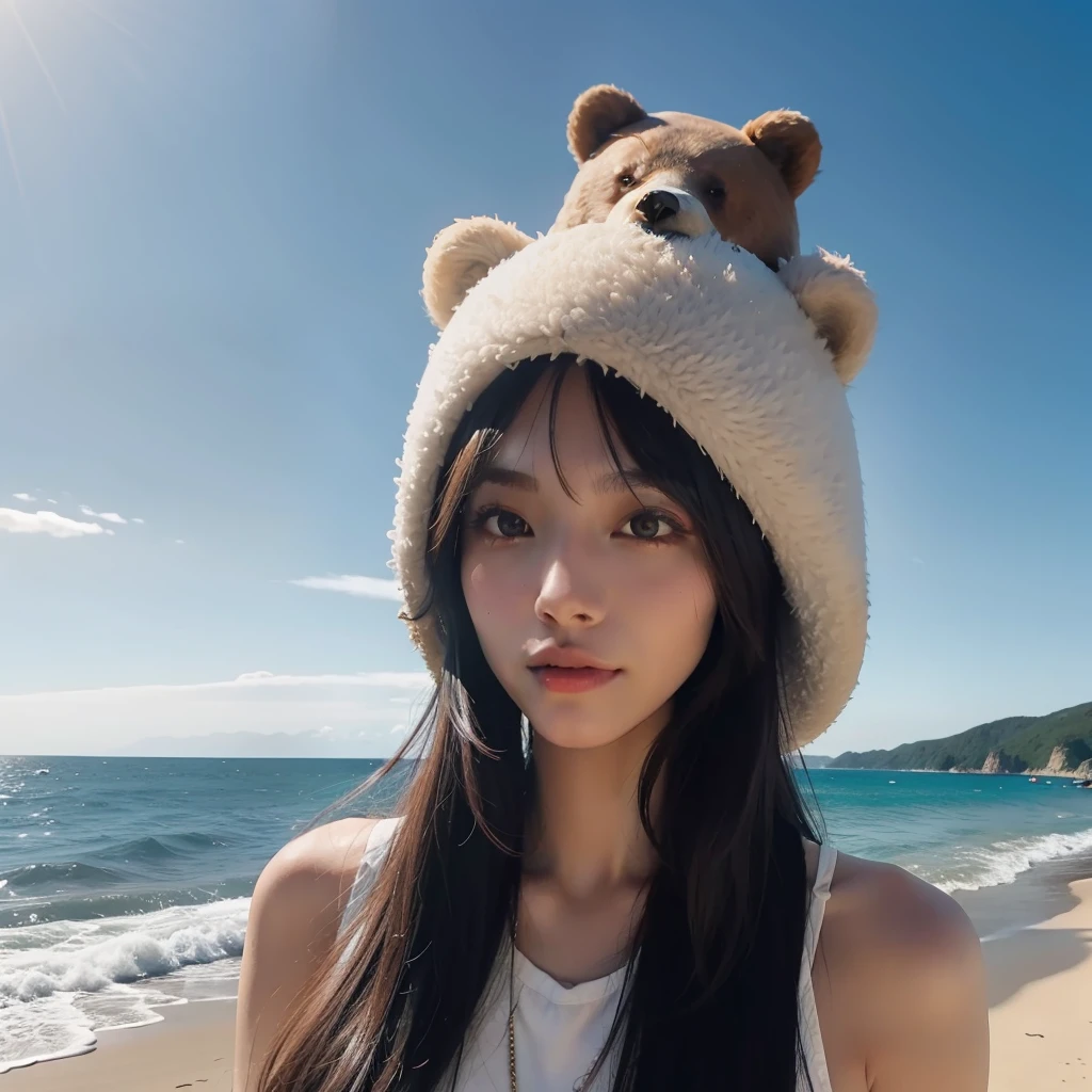 best qualtiy，Refined face，22-year-old girl，Slim body，Bear head hat on his head，Diablo 4 world，beachside，Stand up，sea beach，There are huge grizzly bears floating in the air