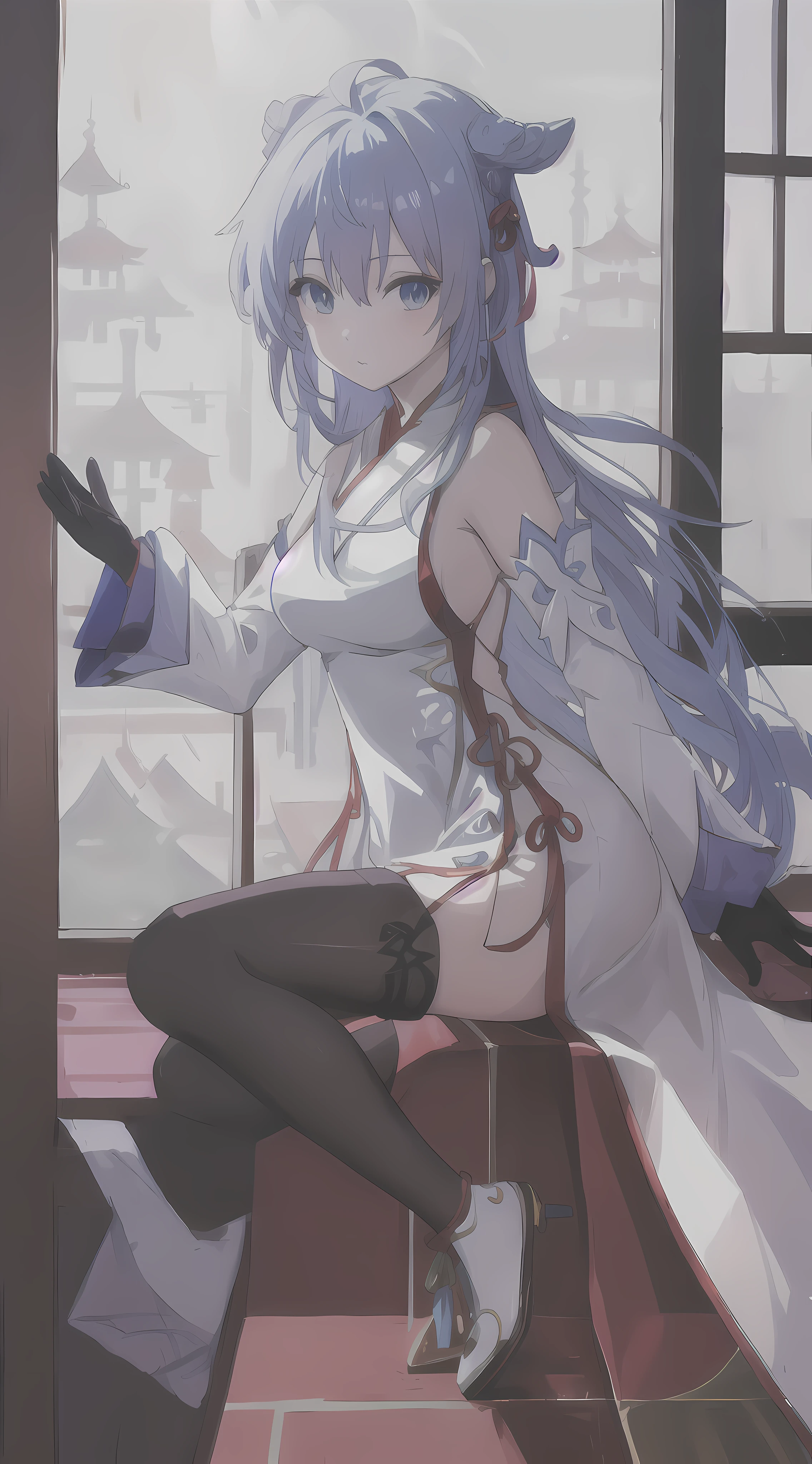 (Beautiful anime girls,White cheongsam,blue hair,eBlue eyes,Pose for windowsills,The cute anime goddess created by Shi Tao is charming)