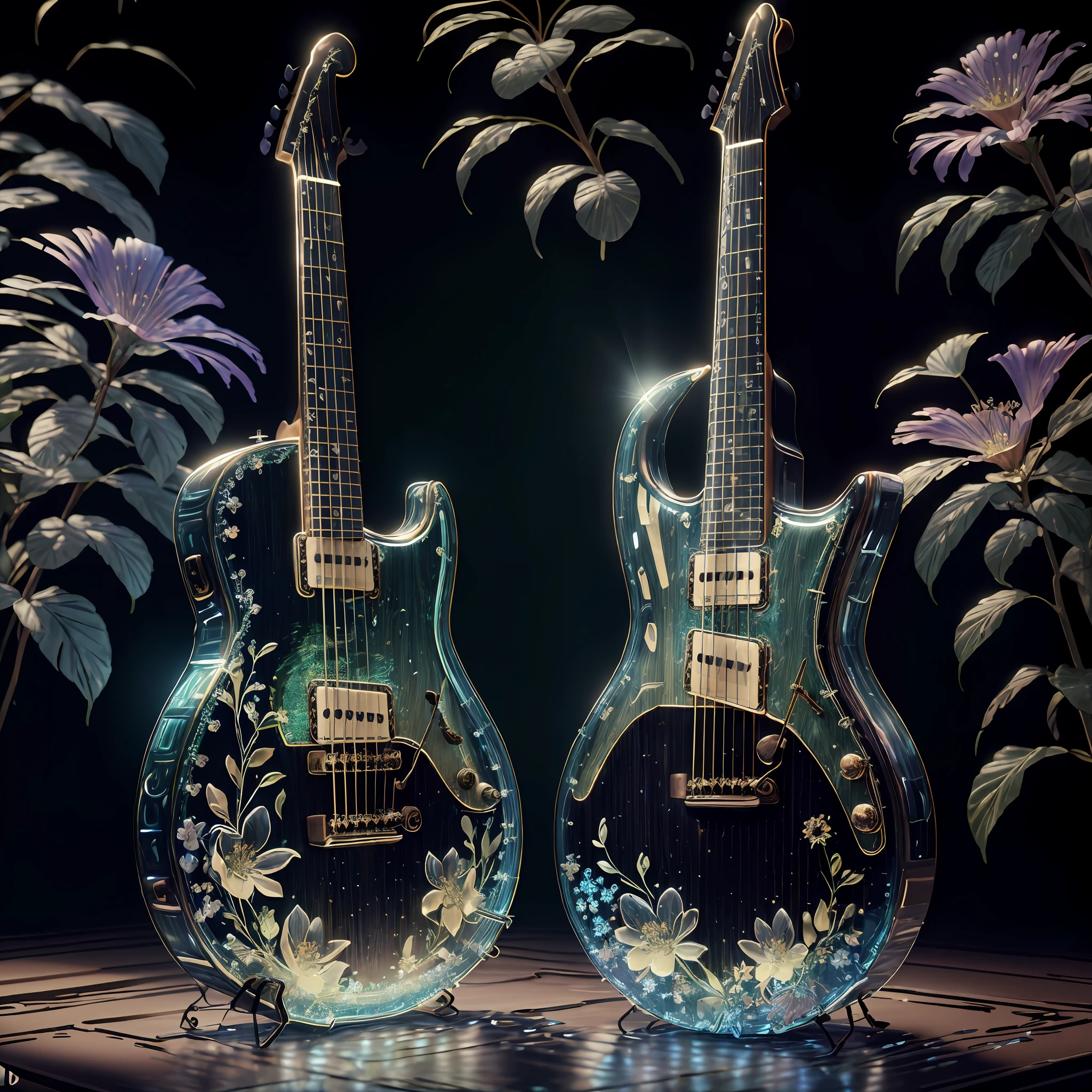 masterpiece of glass guitar with plants inside, water, glowing, flowers, high quality, high detail, best quality, rtx, 4k, 8k,
