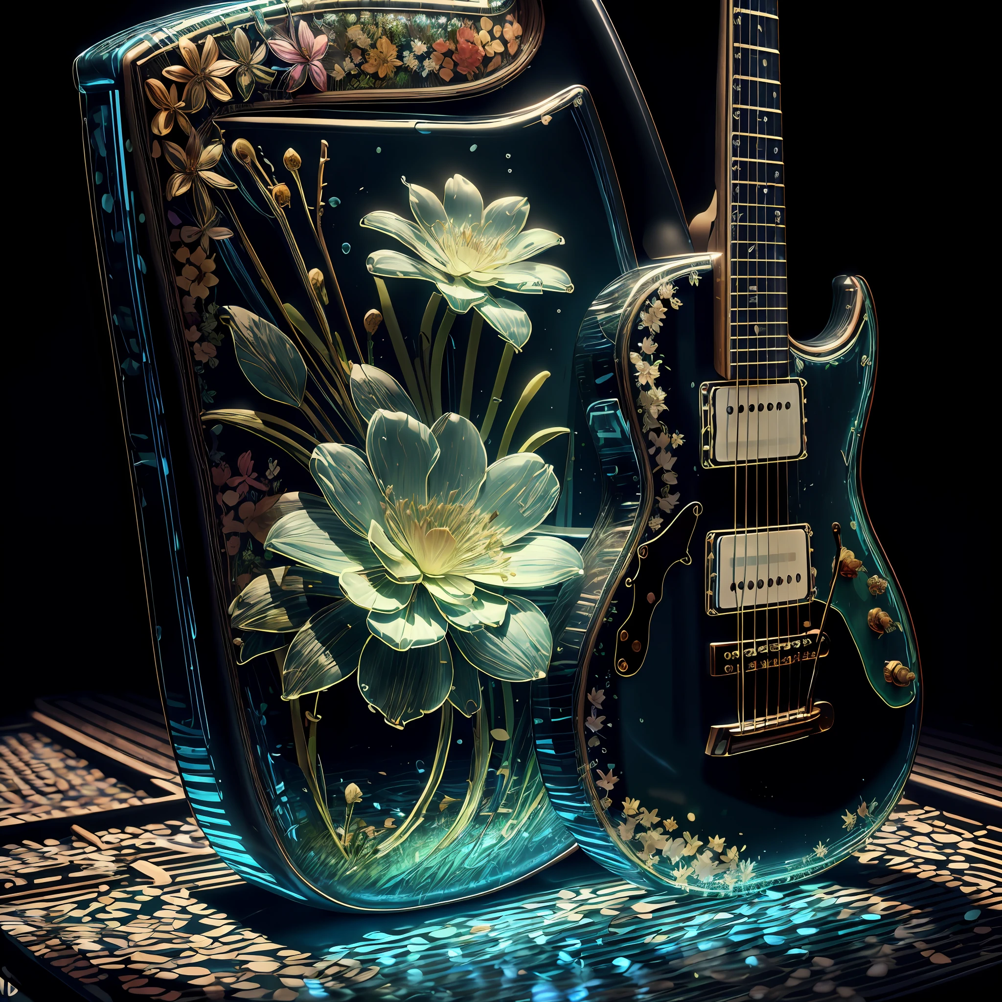 masterpiece of glass guitar with plants inside, water, glowing, flowers, high quality, high detail, best quality, rtx, 4k, 8k,