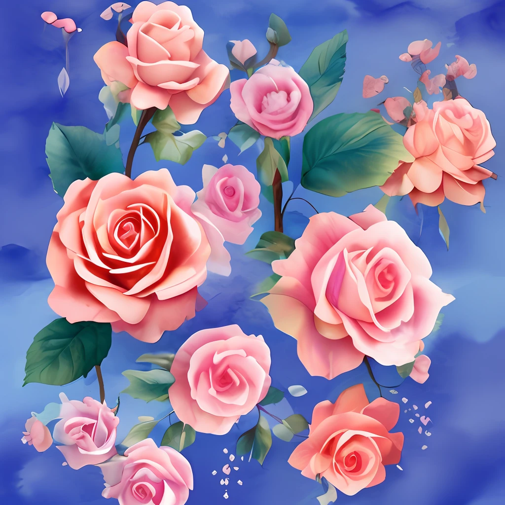 Dreamy roses and cherries , soft blue, pale pink, craft paper, charming flowers, intricate watercolor details, ambient occlusion shading