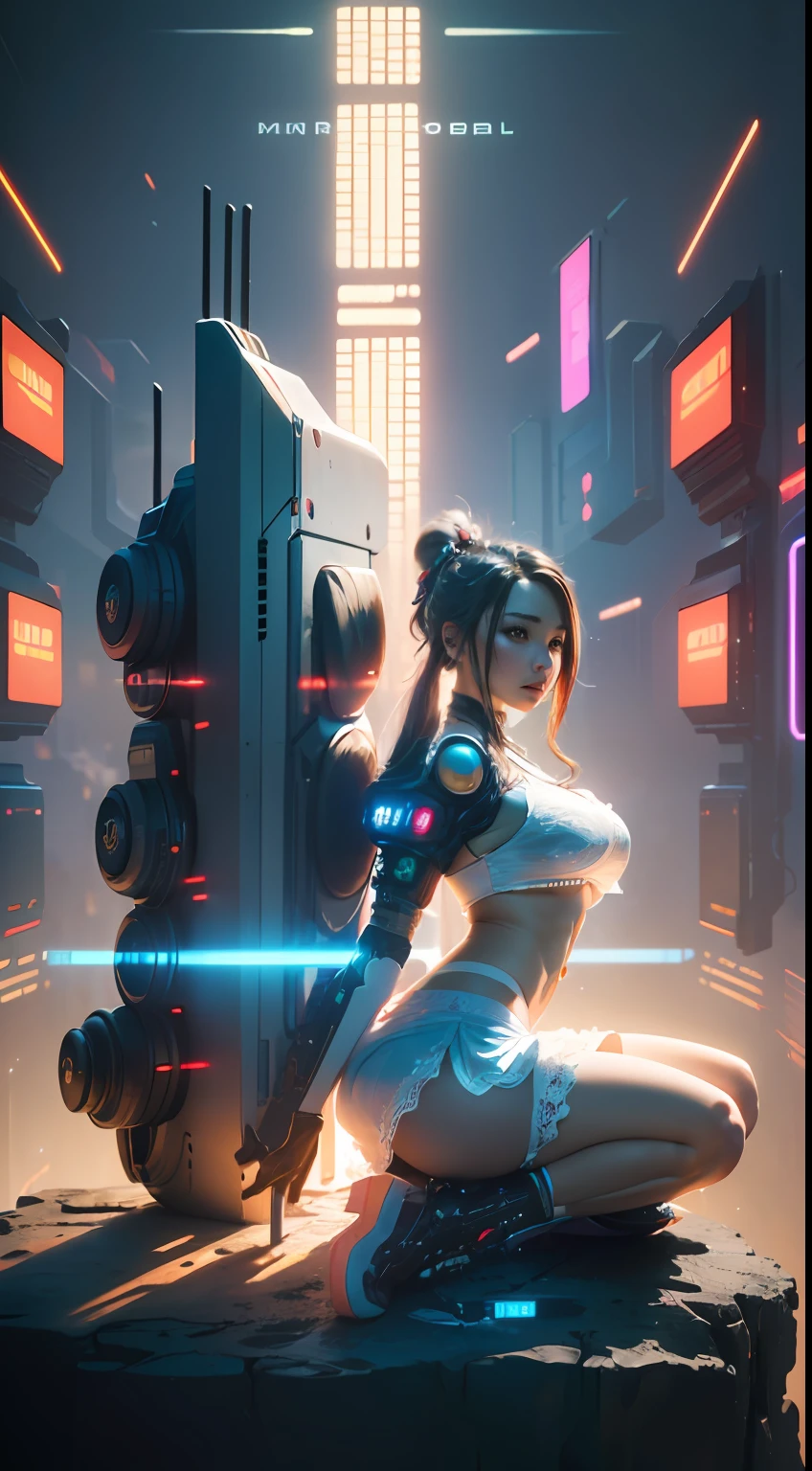 ((Best quality)), ((masterpiece)), (highly detailed:1.3), 3D, beautiful, (cyberpunk:1.6), in space, nebula, (holding_weapon:1.3), laser, (1Female mecha:1.3), sexy body, facing the audience, Glowing eyes, full body, (flying, swooping down, dynamic, motion blur: 1.4), (huge mech wings: 1.6), looking up, glowing_eyes, mecha, panorama, background is earth, nebula, space, particles, Reality, HDR (High Dynamic Range), Ray Tracing, NVIDIA RTX, Super Resolution, Unreal 5, Subsurface Scattering, PBR Textures, Post Processing, Anisotropic Filtering, Depth of Field, Maximum Clarity and Clarity, Multilayer Textures, Albedo and Specular maps, Surface shading, accurate simulation of light-material interaction, perfect proportions, Octane Render, two-tone lighting, large aperture, low ISO, white balance, rule of thirds, 8K RAW, efficient sub-pixel, sub-pixel volume product,  (best quality),(Japanese:0.5),(korean:0.8), (Liu Yi Fei:1.5) long hair, (big breast:1.2),(underboob:1.5), (white transparent lace mini skirt:1.5)
