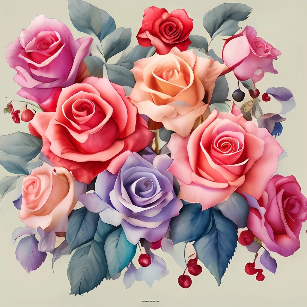 Dreamy roses and cherries , soft blue, pale pink, craft paper, charming flowers, intricate watercolor details, ambient occlusion shading