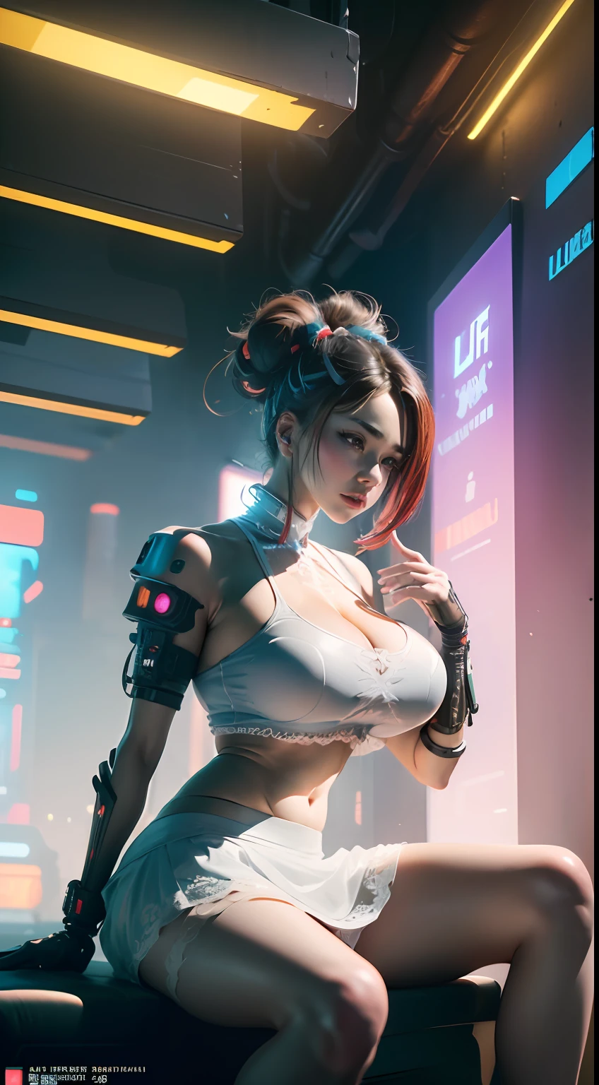 ((Best quality)), ((masterpiece)), (highly detailed:1.3), 3D, beautiful, (cyberpunk:1.6), in space, nebula, (holding_weapon:1.3), laser, (1Female mecha:1.3), sexy body, facing the audience, Glowing eyes, full body, (flying, swooping down, dynamic, motion blur: 1.4), (huge mech wings: 1.6), looking up, glowing_eyes, mecha, panorama, background is earth, nebula, space, particles, Reality, HDR (High Dynamic Range), Ray Tracing, NVIDIA RTX, Super Resolution, Unreal 5, Subsurface Scattering, PBR Textures, Post Processing, Anisotropic Filtering, Depth of Field, Maximum Clarity and Clarity, Multilayer Textures, Albedo and Specular maps, Surface shading, accurate simulation of light-material interaction, perfect proportions, Octane Render, two-tone lighting, large aperture, low ISO, white balance, rule of thirds, 8K RAW, efficient sub-pixel, sub-pixel volume product, (best quality),(Japanese:0.5),(korean:0.8), (Liu Yi Fei:1.5) long hair, (big breast:1.2),(underboob:1.5), (white transparent lace mini skirt:1.5)