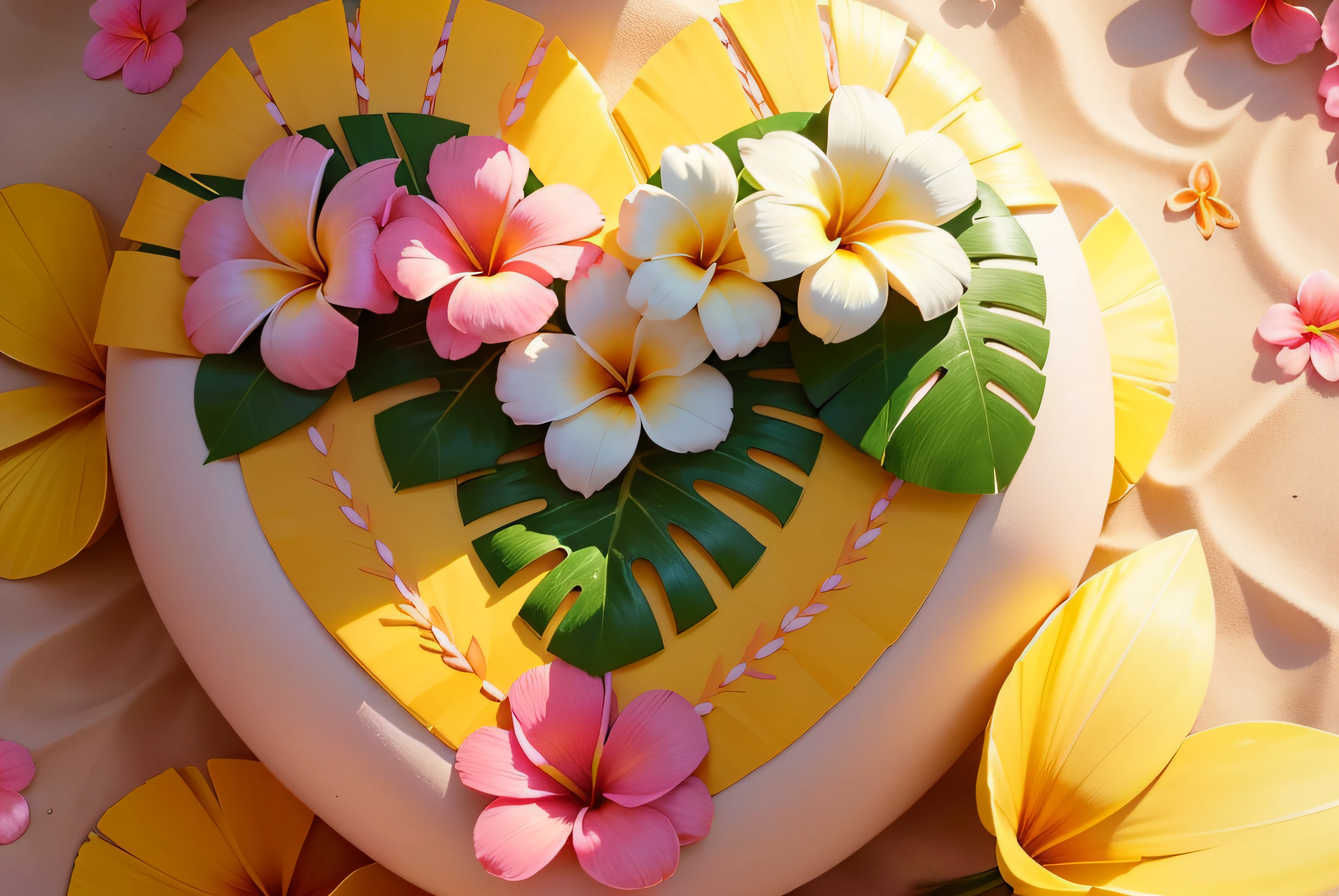 Close-up of a heart made of flowers on the beach, heart made of flowers, Plumeria, tropical flowers, beautiful tropical flowers, blooming tropical flowers, made of flowers and leaves, made of flowers and fruit, made of flowers, Flower petals, with colored flowers, pink yellow flowers, tropical style, made of fruit and flowers, beautiful aesthetic, Beautiful composition