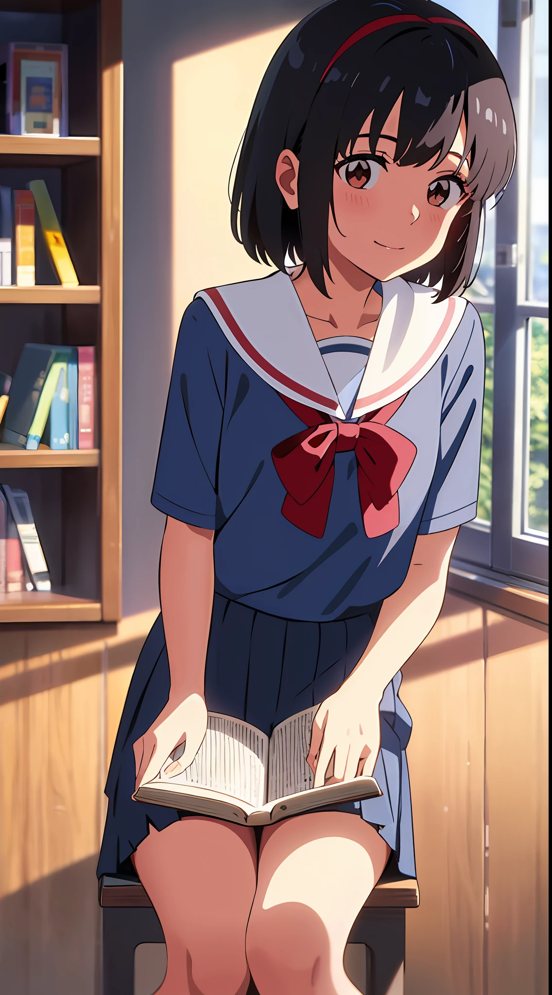 best quality, masterpiece, shinkai makoto, kimi no na wa., 1girl, bangs, black hair, blush, brown eyes, sailor collar, blue sailor collar, sailor color, white sailor color, serafuku, looking at the viewer, red bow, red headband, red ribbon, school uniform, short hair, smile, cute, solo, shirt, blue skirt, pleated skirt, short sleeves, smile, sitting in a chair, library, reading a book