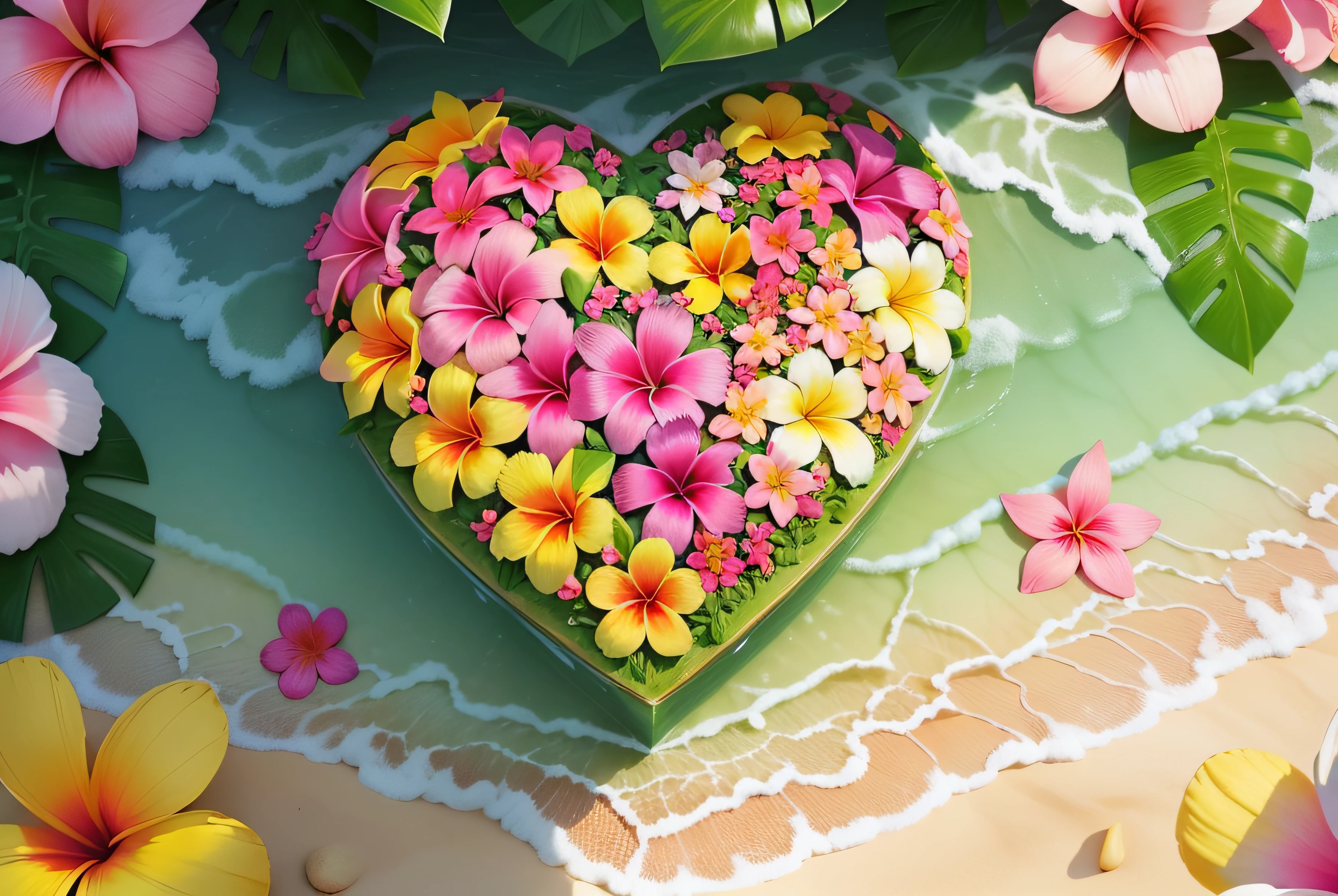 Close-up of a heart made of flowers on the beach, heart made of flowers, Plumeria, tropical flowers, beautiful tropical flowers, blooming tropical flowers, made of flowers and leaves, made of flowers and fruit, made of flowers, Flower petals, with colored flowers, pink yellow flowers, tropical style, made of fruit and flowers, beautiful aesthetic, Beautiful composition