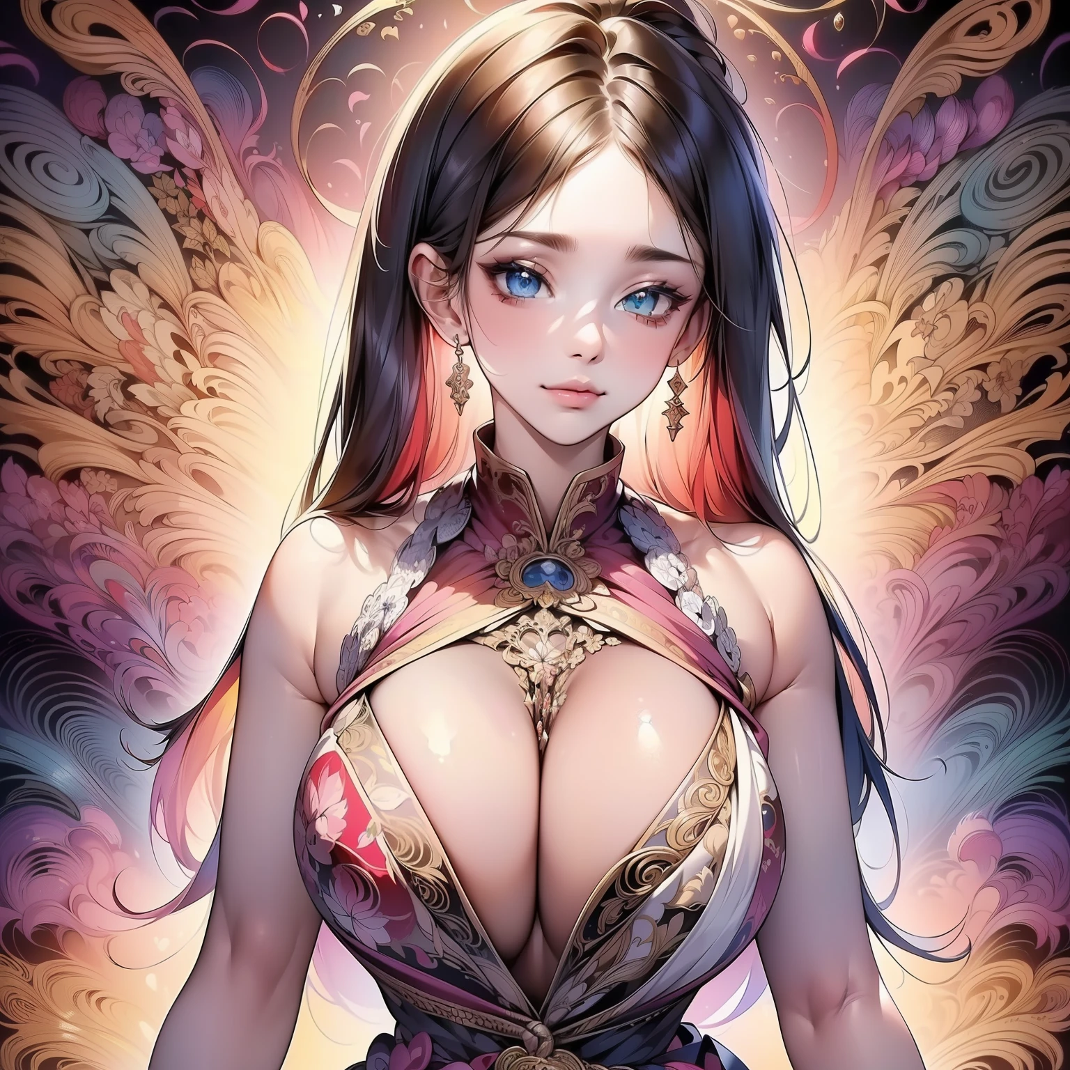 (masterpiece, top quality, best quality, official art, beautiful and aesthetic:1.2), (1girl:1.3), extremely detailed,(fractal art:1.2),colorful,highest detailed,(zentangle:1.2), (dynamic pose), (abstract background:1.5), (treditional dress:1.2), (shiny skin), (many colors:1.4), upper body