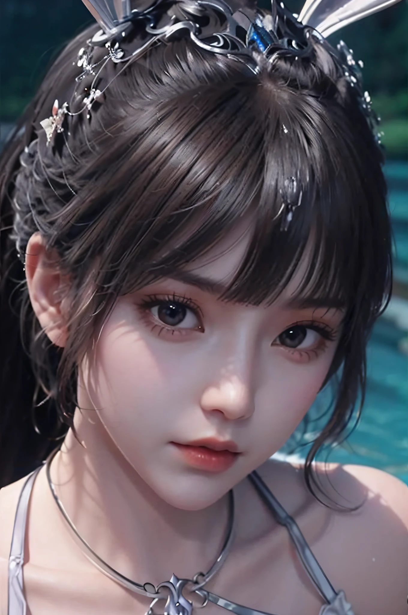 Close-up of the person wearing the necklace and necklace, 3 d anime realistic, Realistic anime 3 D style, Photorealistic anime, Kawaii realistic portrait, Guviz-style artwork, Realistic young anime girl, photorealistic anime girl rendering, Stunning anime face portrait, Guviz, Realistic. Cheng Yi, trending on cgstation, hyper realistic anime