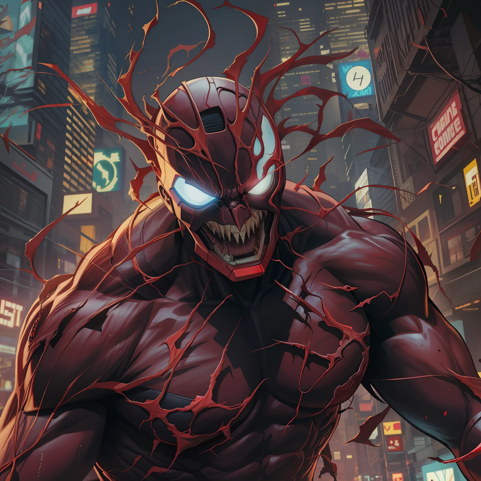 Carnage (Marvel Comics), cyberpunk, 8K, cyberpunk city, gritando, lighting dramatic, realista, detalhado