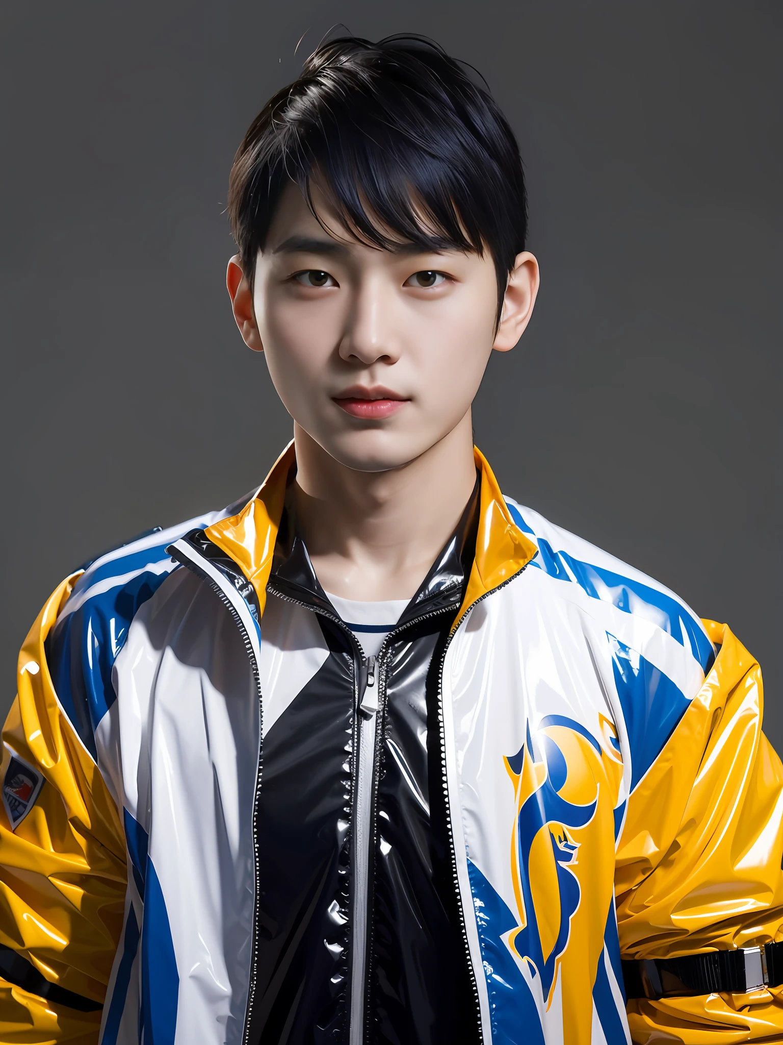 A Chinese male high school student,Wear a sports raincoat in PVC,There are zippers