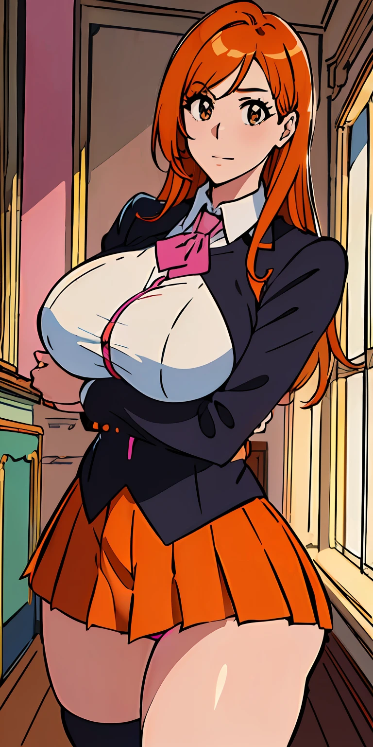 (((top-quality、​masterpiece)))、1girl in、A stunning、((a room))、((schools))、(a miniskirt)、((Orange hair))、(((Longhaire)))、barechested、A sexy、(((Sheer uniform)))、student clothes、(((Colossal tits)))、large full breasts、Sheer areol、((Pink underwear is visible))、Show underwear、neck tie、I can see my chest a little