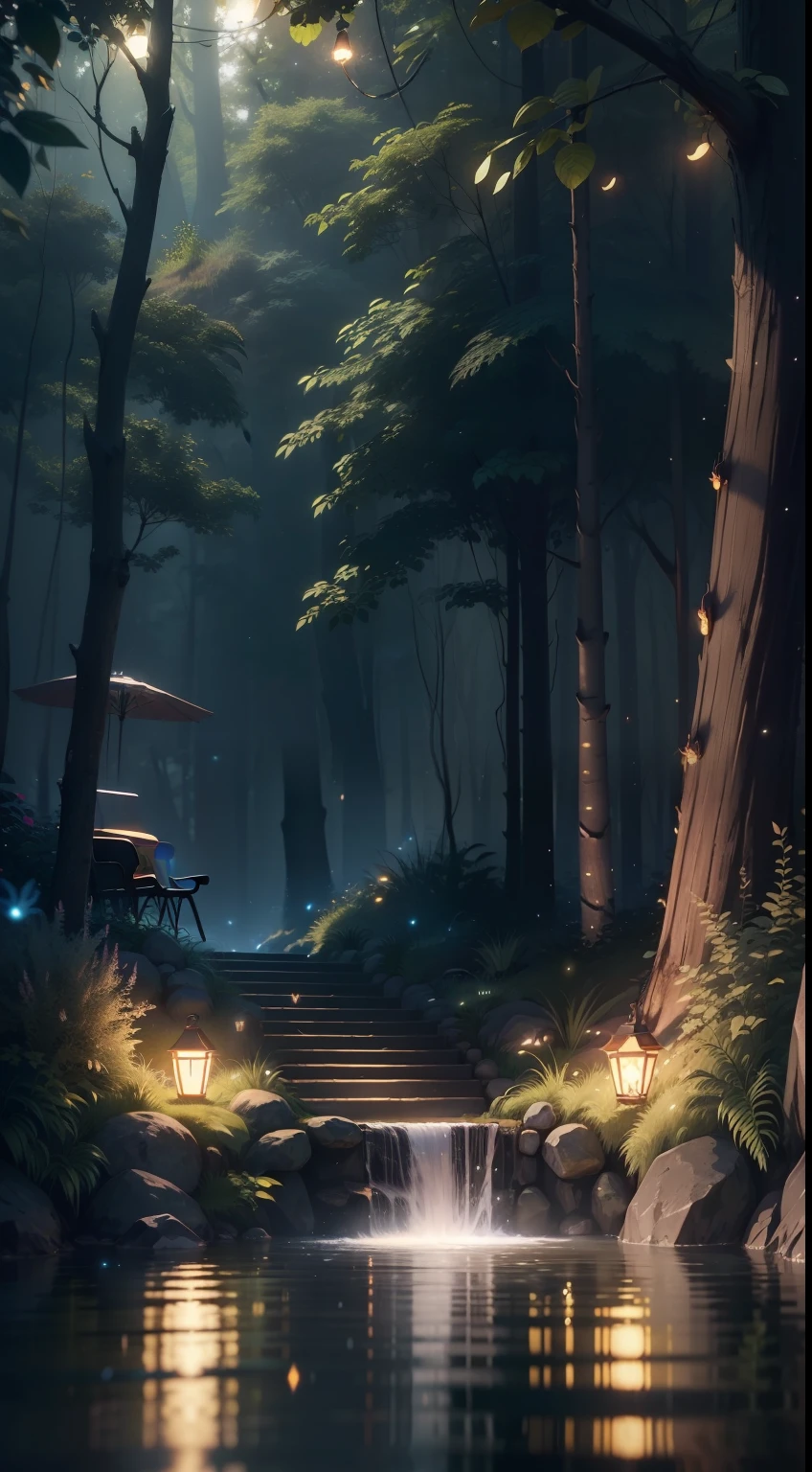 Masterpiece, best quality, (very detailed CG unity 8k wallpaper), (best quality), (best illustration), (best shadows), glow sprite, with a glowing deer, in the swimming pool Drinking water, natural elements in the forest theme. Mysterious forest, beautiful forest, nature, surrounded by flowers, delicate leaves and branches surrounded by fireflies (natural elements), (jungle theme), (leaves), (twigs), (fireflies), (particle effects) etc. 3D , Octane rendering, ray tracing, super detailed
