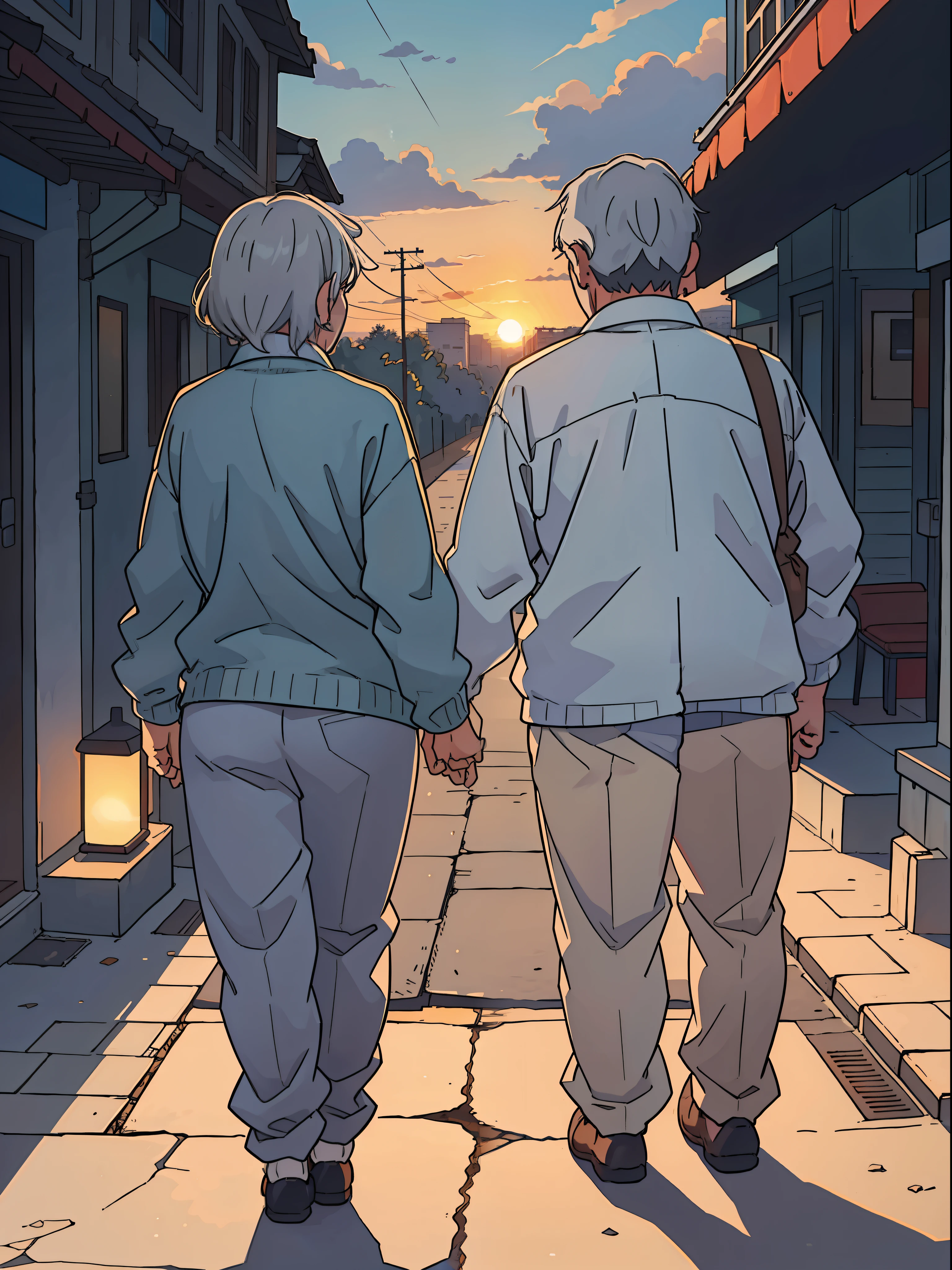 An old couple，Supporting each other's backs as they walk in the sunset，Support each other，Gray-haired elderly，Faraway view