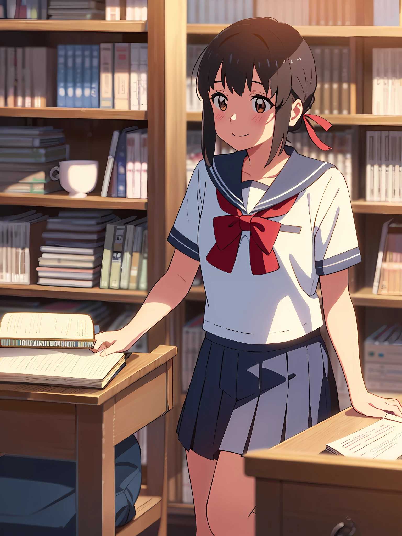best quality, masterpiece, shinkai makoto, kimi no na wa., 1girl, bangs, black hair, blush, brown eyes, sailor collar, blue sailor collar, sailor color, white sailor color, serafuku, red bow, red headband, red ribbon, school uniform, short hair, smile, cute, solo, shirt, blue skirt, pleated skirt, short sleeves, smile, sitting, library, bookshelf, chair and desk, books, teacup